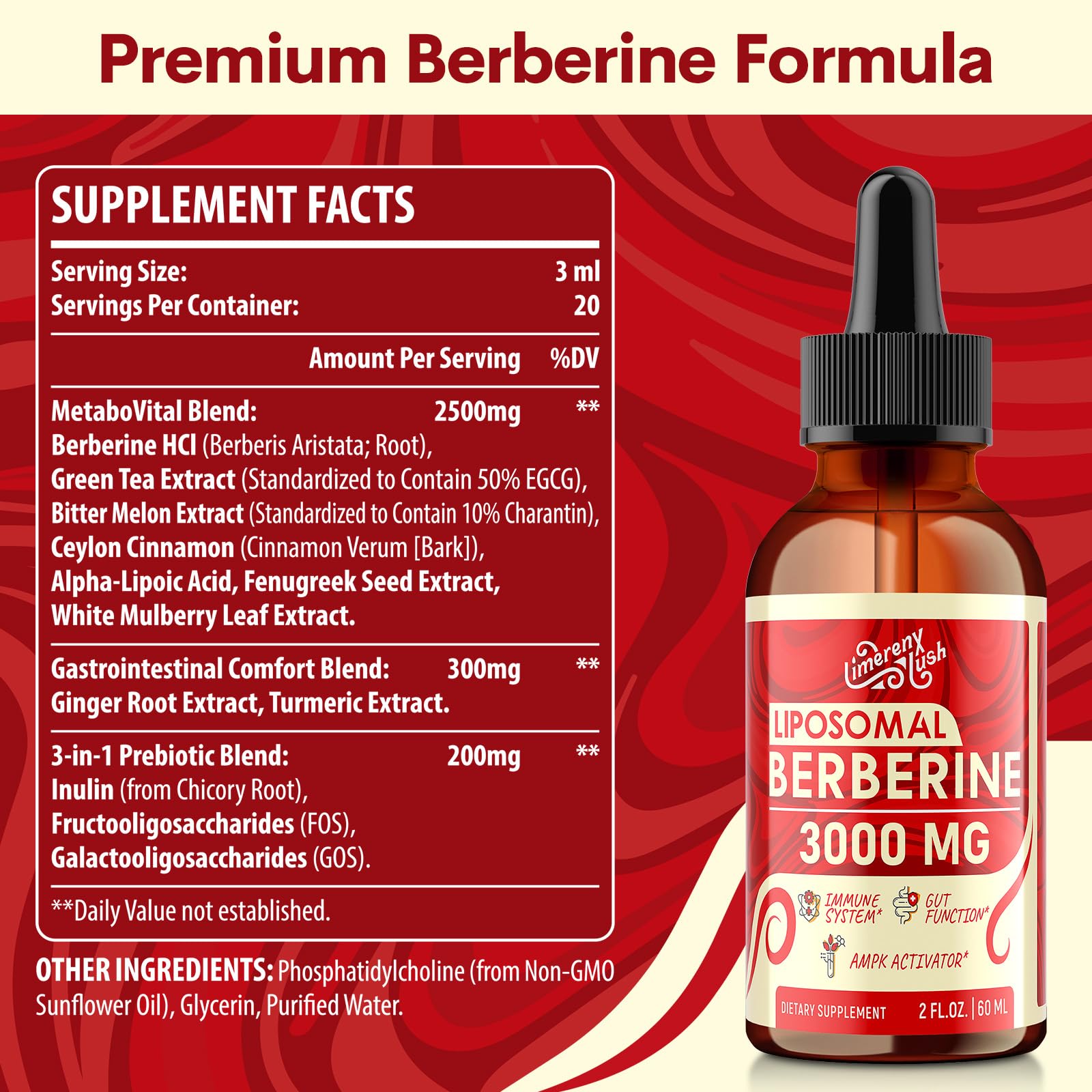 Liposomal Berberine Supplement - 3000mg Berberine Complex Activating AMPK & GLP-1, Berberine HCL Liquid Drop with Ceylon Cinnamon, Green Tea, Bitter Melon, Turmeric and Prebiotic Blend for Women & Men - Medaid International