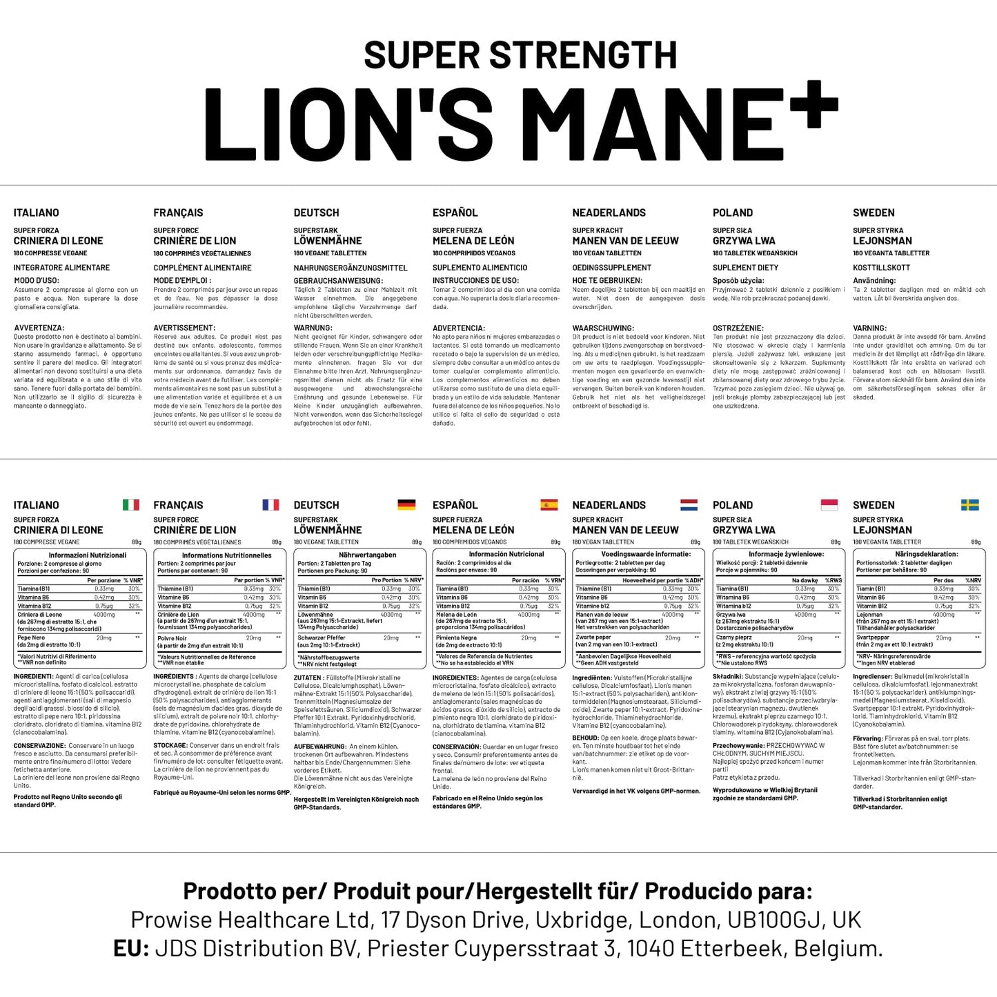 Lions Mane Mushroom Supplement 4000mg with Vitamin B1, B6, B12 & Black Pepper - 180 Super Strength Vegan Tablets with 50% Polysaccharides (Not Powder or Capsules) | Made in The UK by Prowise - Medaid International