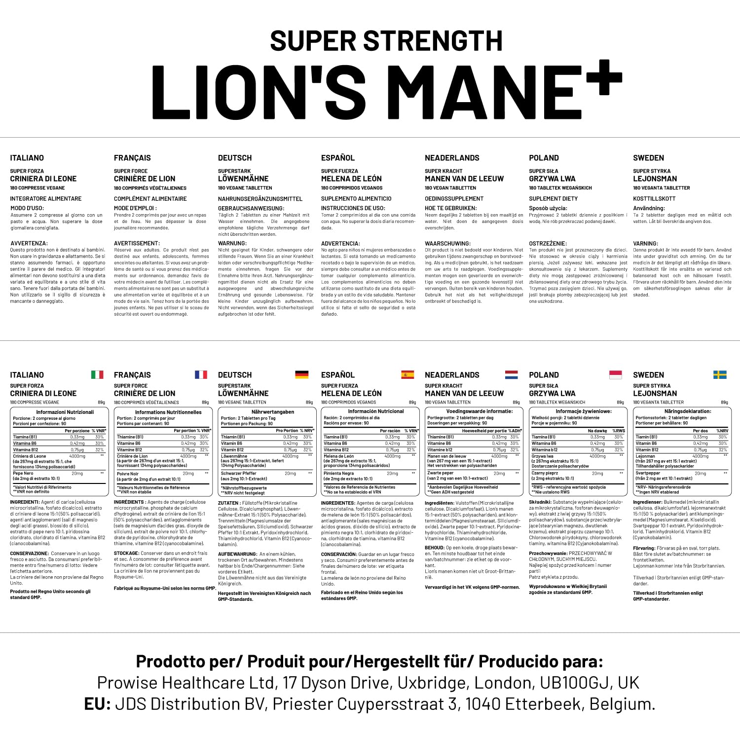 Lions Mane Mushroom Supplement 4000mg with Vitamin B1, B6, B12 & Black Pepper - 180 Super Strength Vegan Tablets with 50% Polysaccharides (Not Powder or Capsules) | Made in The UK by Prowise - Medaid International