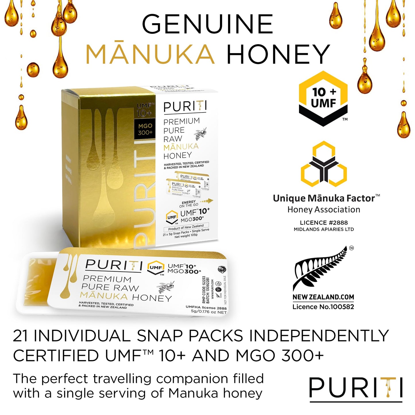 PURITI Genuine Raw Manuka Honey Snaps On The Go - UMF 10+ (MGO300+) 21 x 0.18oz Individual Snap Packets, Single Serve Honey Sticks for Tea, Travel & Snacks, Certified, Authentic Made in New Zealand - Medaid International