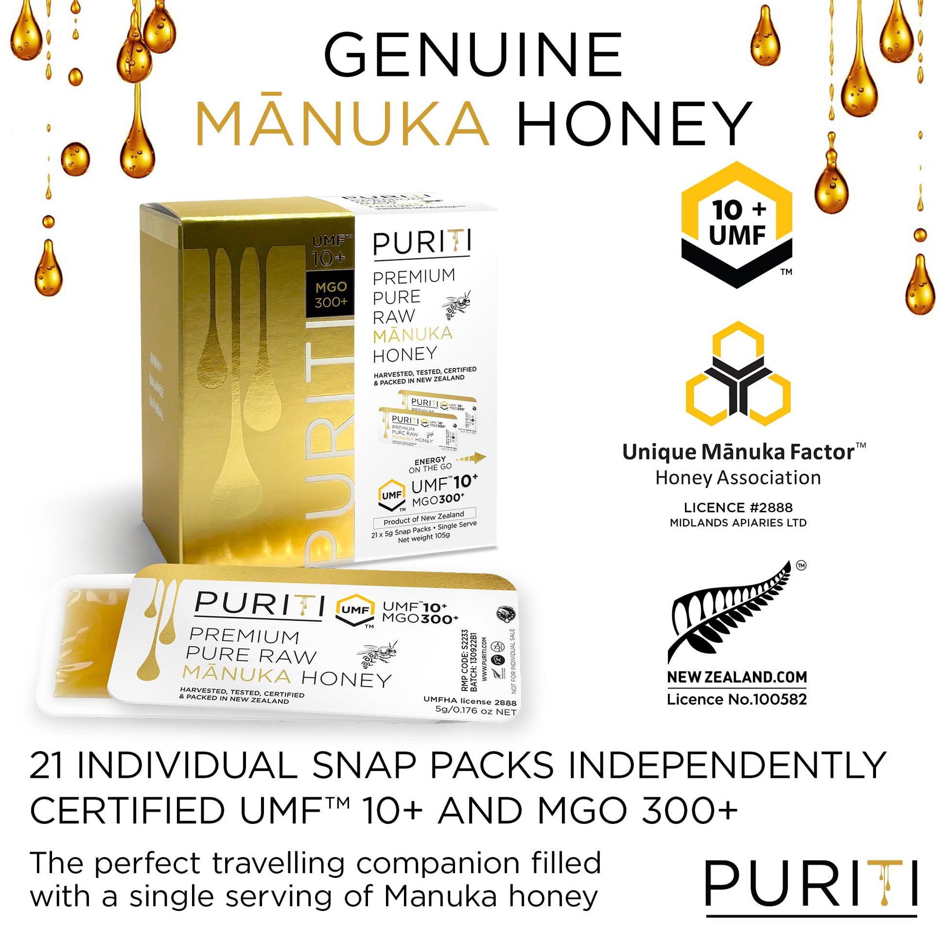 PURITI Genuine Raw Manuka Honey Snaps On The Go - UMF 10+ (MGO300+) 21 x 0.18oz Individual Snap Packets, Single Serve Honey Sticks for Tea, Travel & Snacks, Certified, Authentic Made in New Zealand - Medaid International