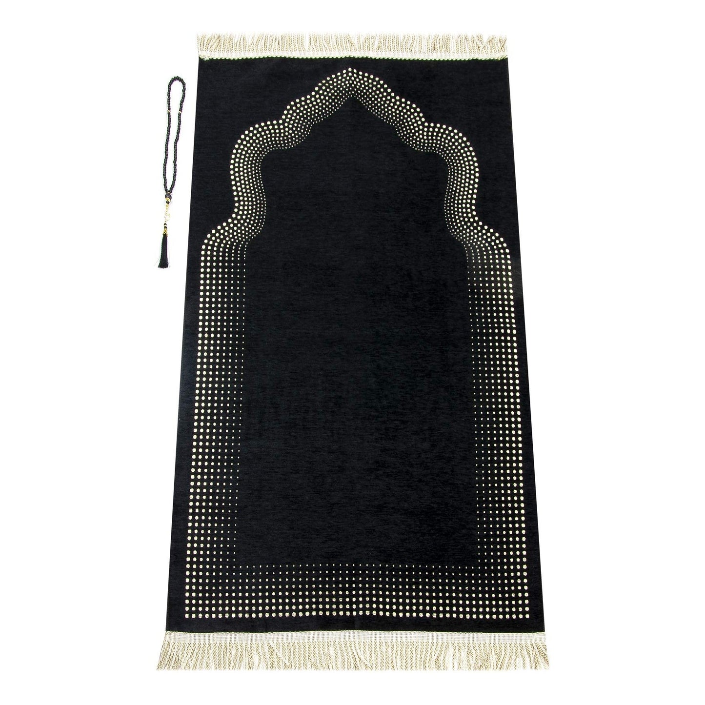 Muslim Prayer Rug with Prayer Beads | Janamaz | Sajadah | Soft Islamic Prayer Rug with Mihrab Design | Islamic Gifts | Prayer Carpet Mat, Chenille Fabric, Black - Medaid International