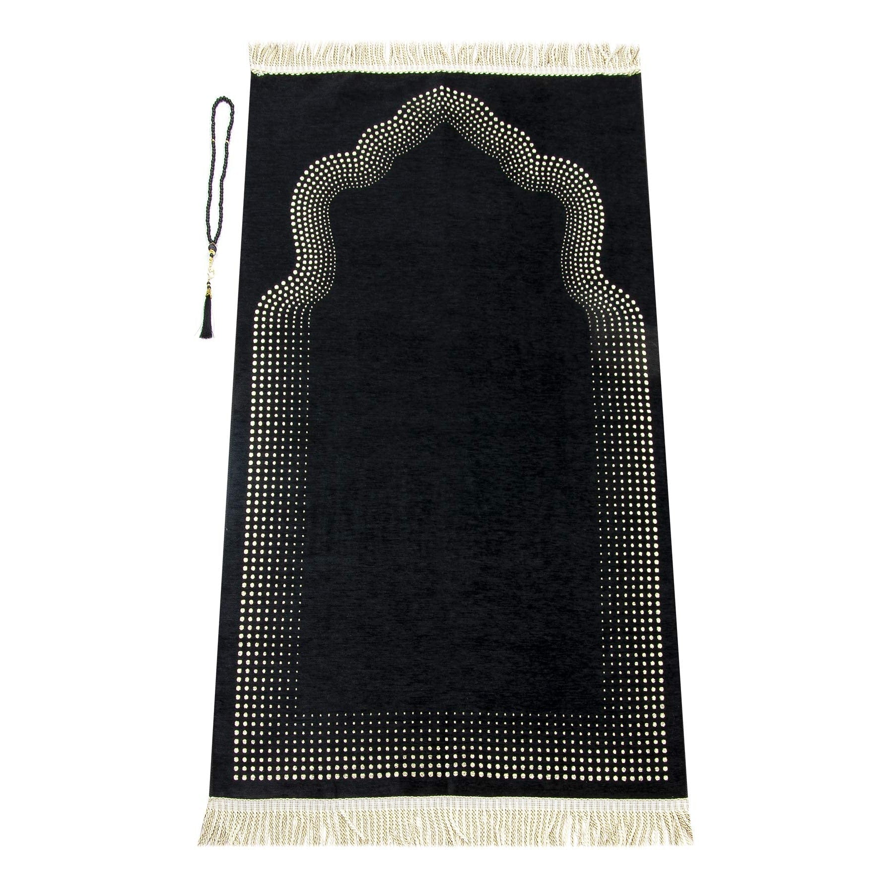 Muslim Prayer Rug with Prayer Beads | Janamaz | Sajadah | Soft Islamic Prayer Rug with Mihrab Design | Islamic Gifts | Prayer Carpet Mat, Chenille Fabric, Black - Medaid International