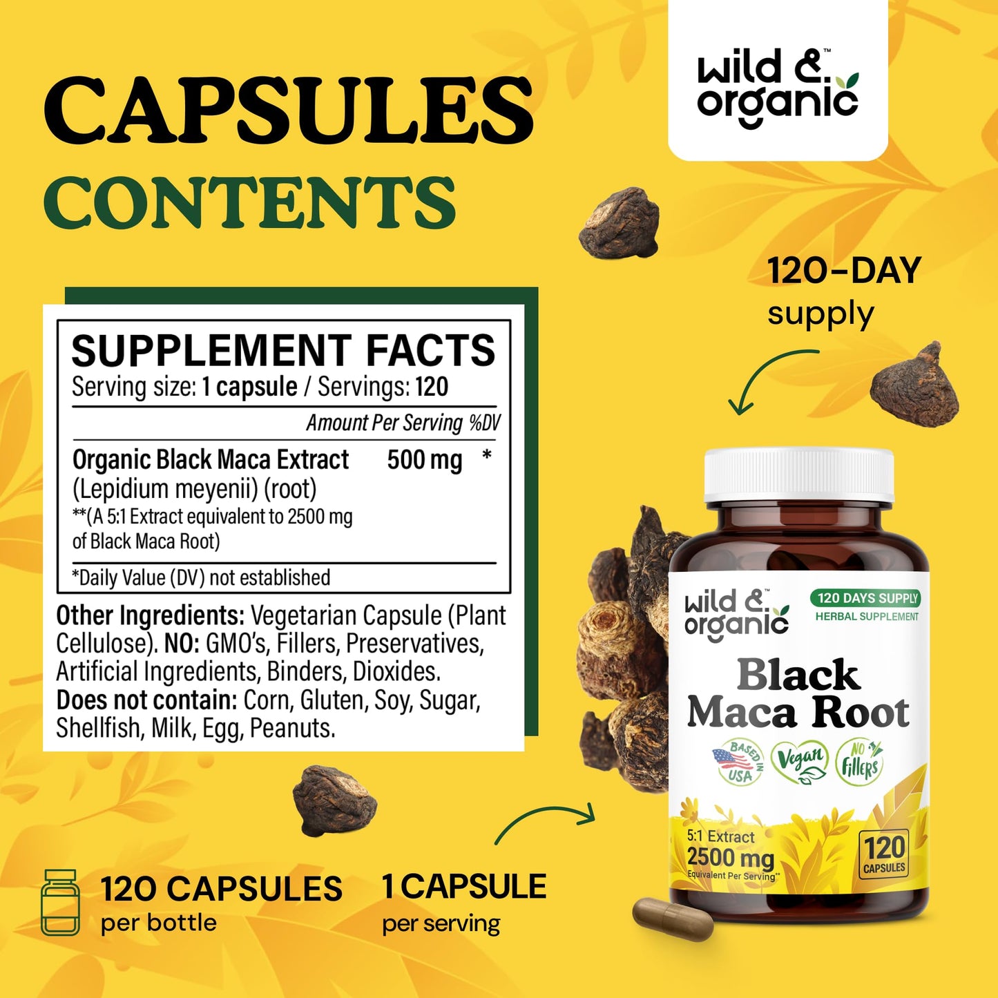 Wild & Organic Black Maca Root Capsules for Women & Men 500 mg - Overall Support - 120 Vegan Capsules with Maca Powder - Men & Women Supplement - 120 Days Supply, Non-GMO, No Fillers, Gluten-Free - Medaid International