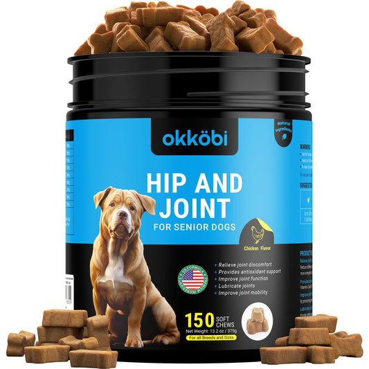 OKKÖBI Glucosamine HCL & Hip and Joint Chews for Dogs - 150 pcs - Advanced Hip and Joint Support for Senior Dogs - with MSM & Green Lipped Mussel - Chicken