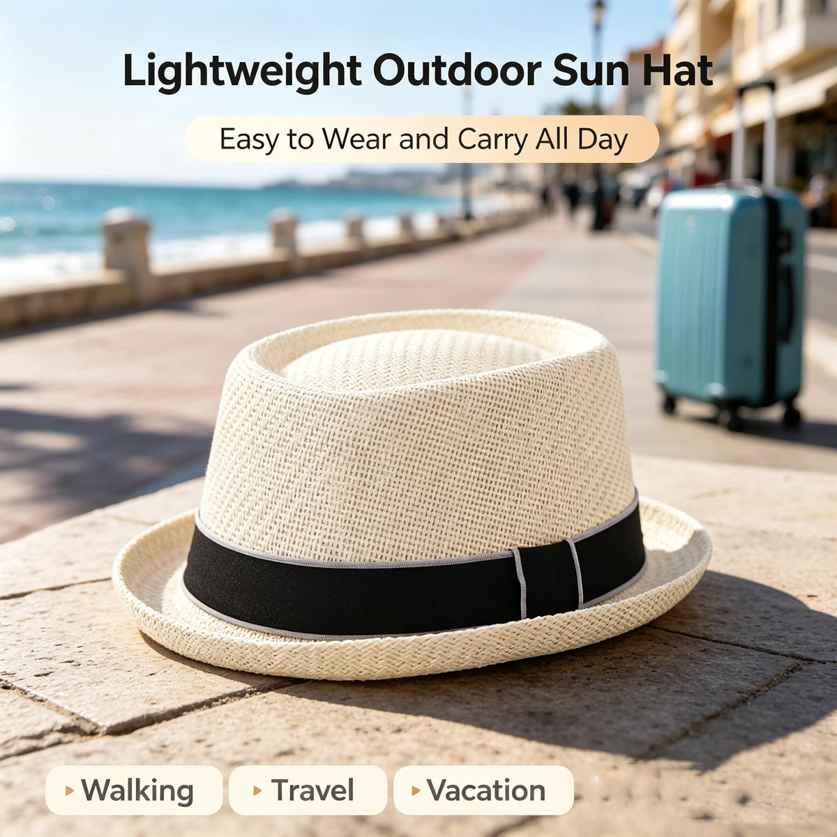 TERRIFI Sun Straw Fedora Hat, Breathable Wide Brim Roll Up Curly Straw Hat Casual Jazz Cap, Lightweight Comfort, Summer Outdoor Travel Beach Hat for Seasonal Wear Everyday Men Women
