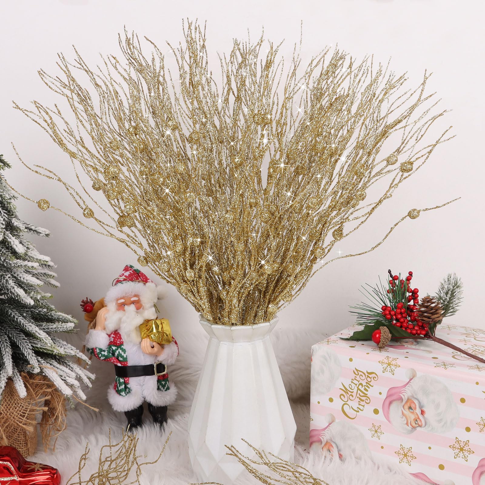 LOAVER 18 Pack Christmas Artificial Glitter Berry Stem Ornaments,15.7 Inches Decorative Xmas Picks Glittery Twigs Bead Sticks for Christmas Tree DIY Crafts Vase Fillers Party Supplies(Gold) - Medaid International