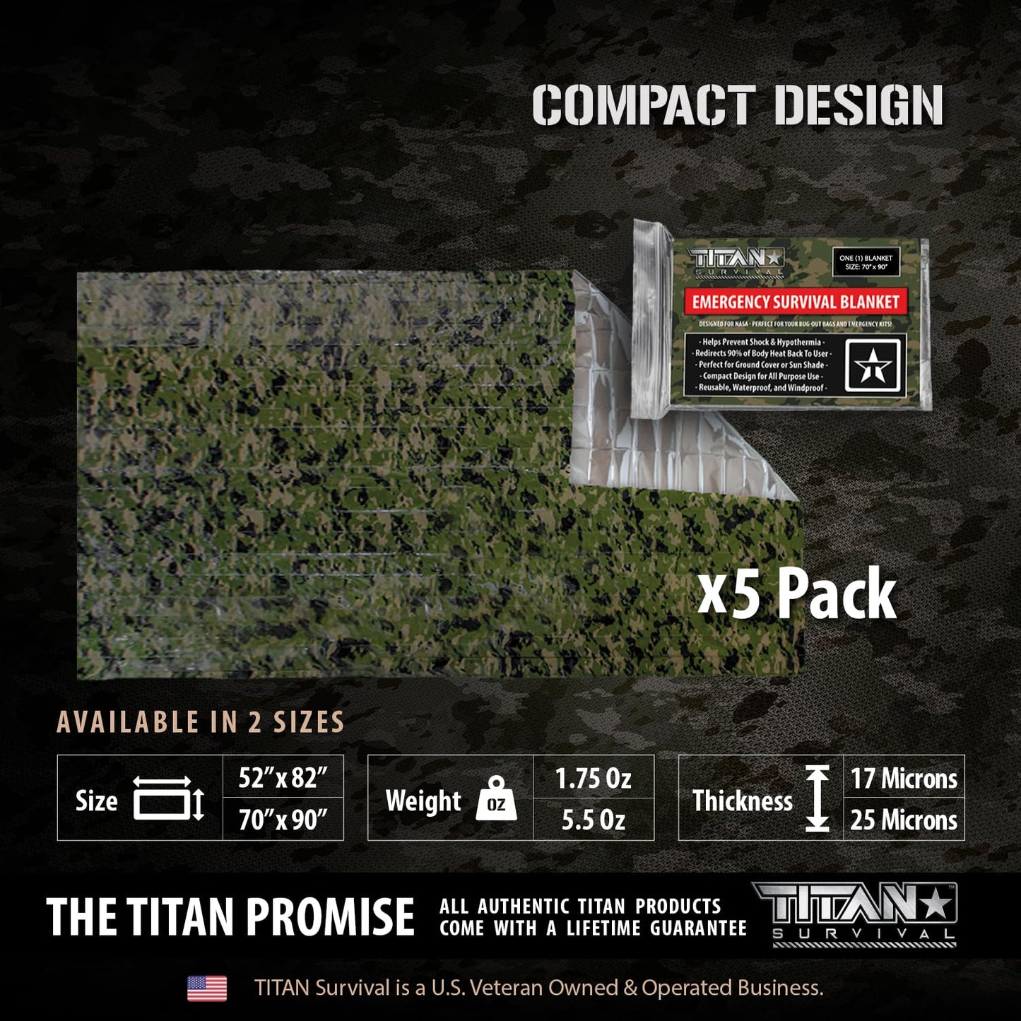 TITAN Survival Premium Mylar Survival Blankets (5 Pack) Thermal Emergency Survival Blanket for Camping, Hunting, Hiking - 90% Heat Retention & Waterproof - Portable Space Blanket w/Size Options
