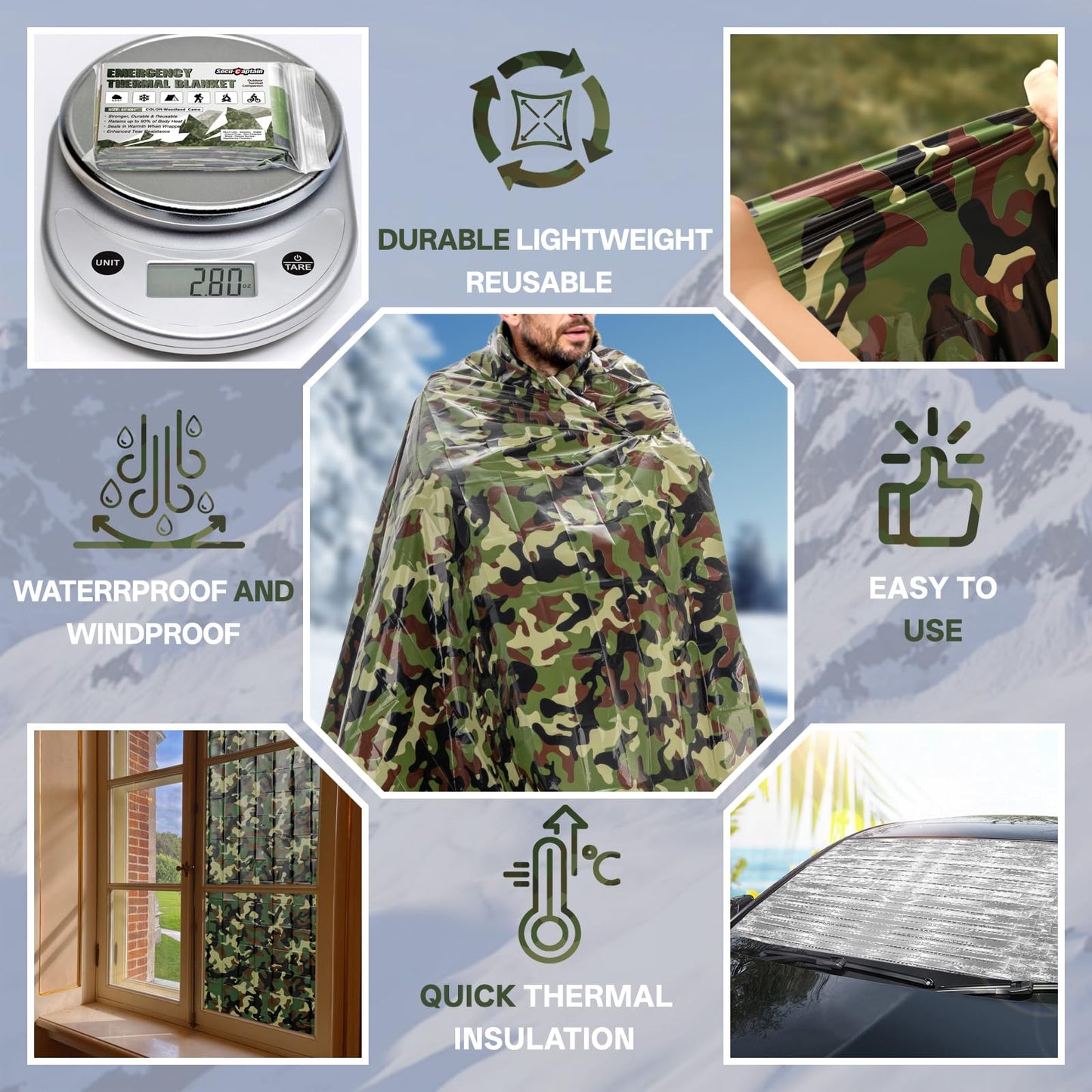 SecuCaptain Survival Emergency Thermal Blankets: Thicken 28um Space Mylar Blanket Kit for Outdoor Cold Winter Camping, Hiking, Car Bug Out Bag, or First Aid - Woodland Camo 4 Pack