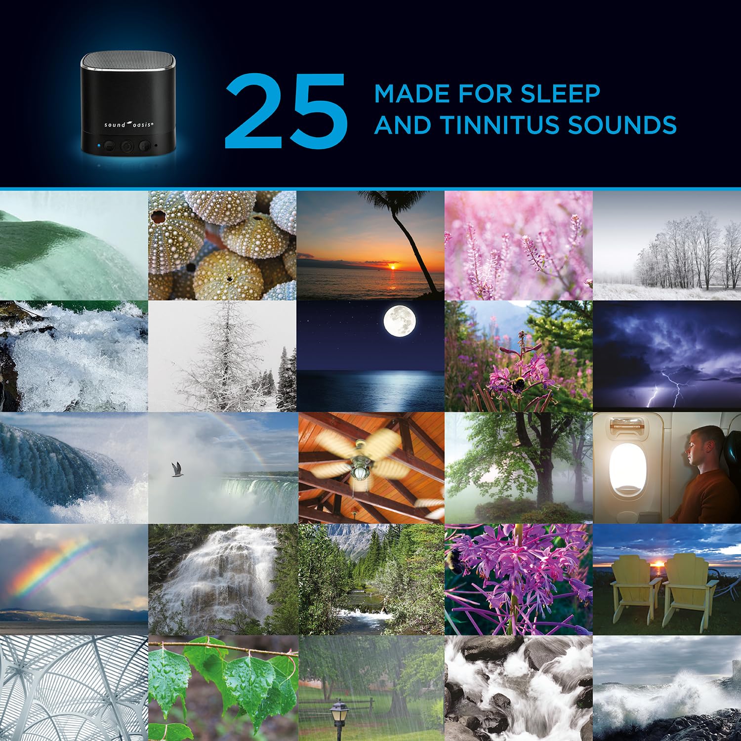 Sound Oasis® Bluetooth® Tinnitus Sound Therapy System® - Sleep Better, Manage and Mask Tinnitus, 25 Built-in Sounds for Tinnitus Relief, 12-Hour Sound Duration - Medaid International