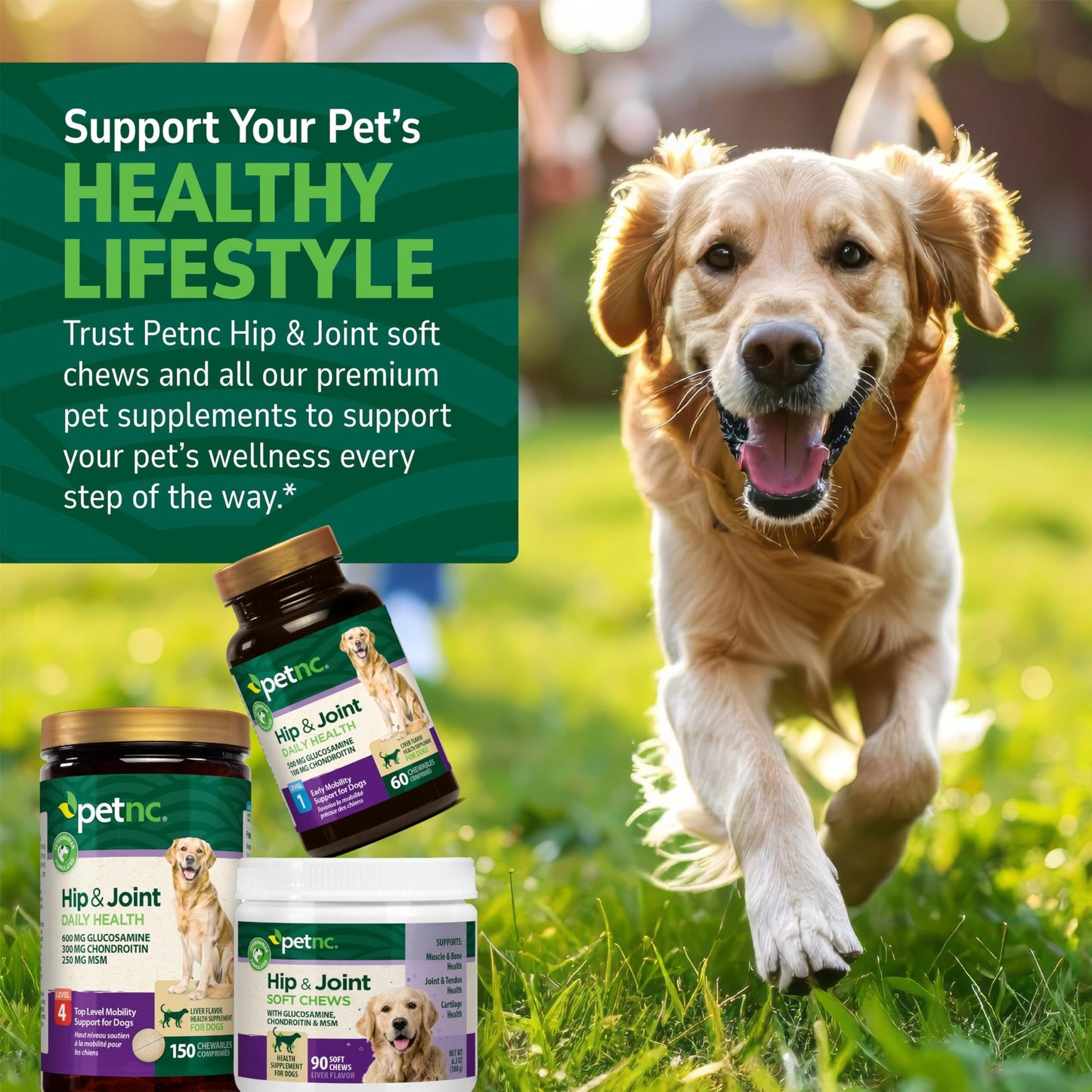 Petnc Hip & Joint Health Supplement for Dogs (90 Chews), Glucosamine Chondroitin MSM Dog Chews with Hyaluronic Acid, Liver Flavored Bone & Joint Support Supplement, For All Breeds