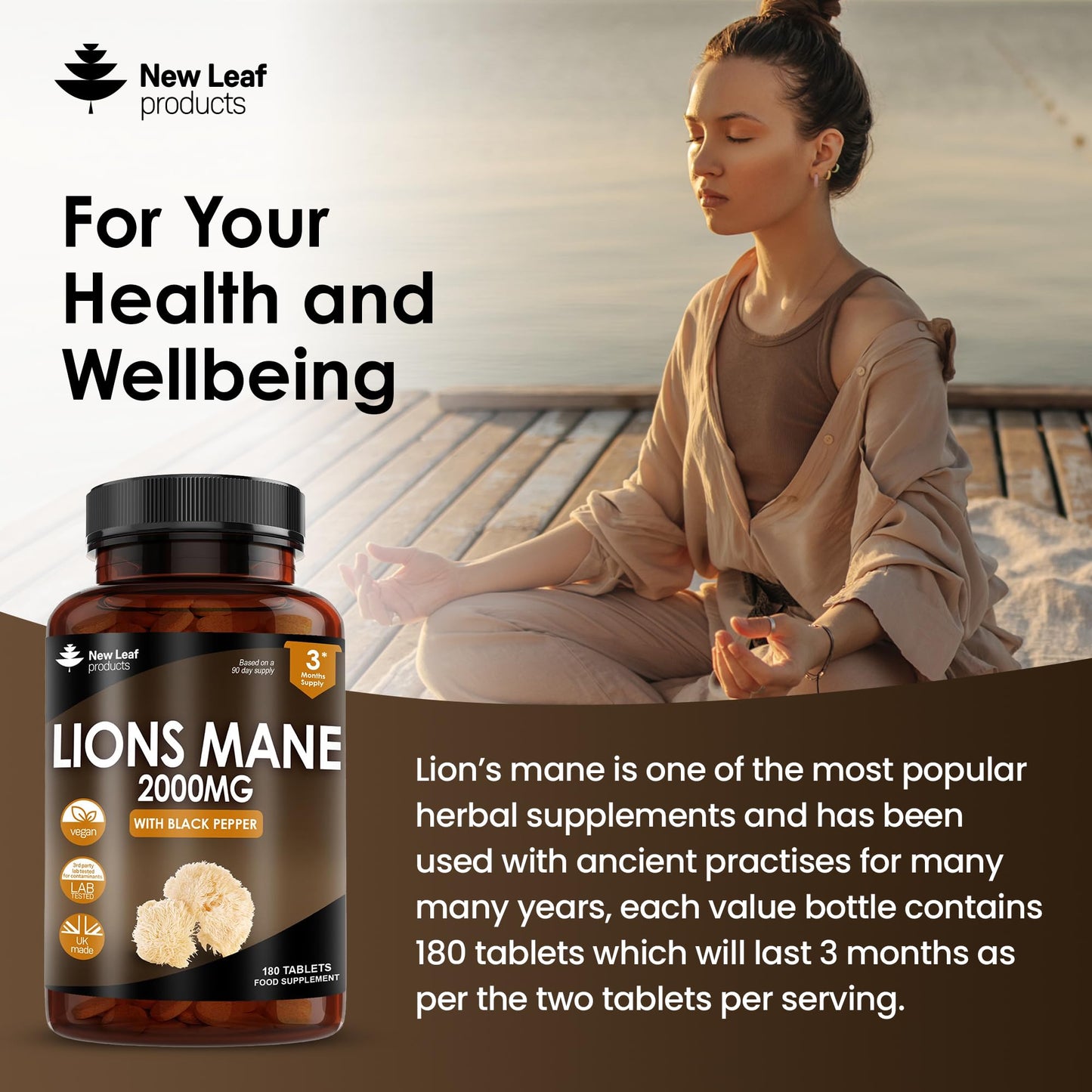 New Leaf Products Lions Mane Mushroom Extract Supplement 2000mg - 180 High Strength Vegan Tablets with Black Pepper - (Not Powder or Capsules) Made in The UK - Medaid International