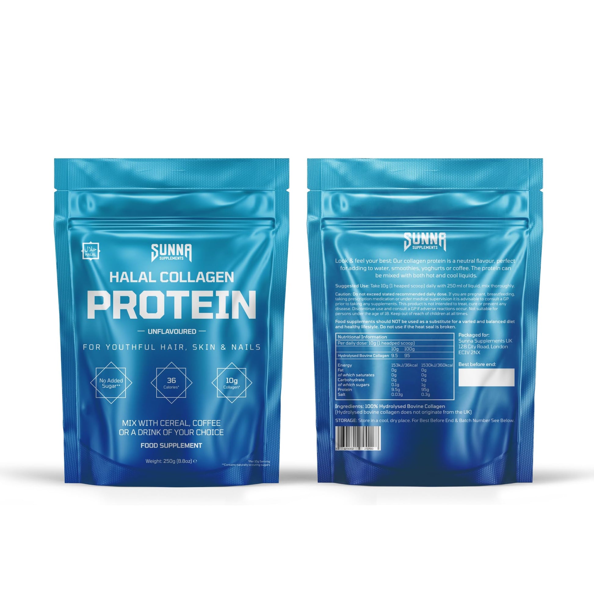 SUNNA SUPPLEMENTS - Halal Bovine Collagen Protein Powder for Hair Skin Nails and Joints - Type (I, III) Hydrolysed Premium Bovine Collagen Peptides for Women and Men | Gluten Free | Unflavoured - Medaid International