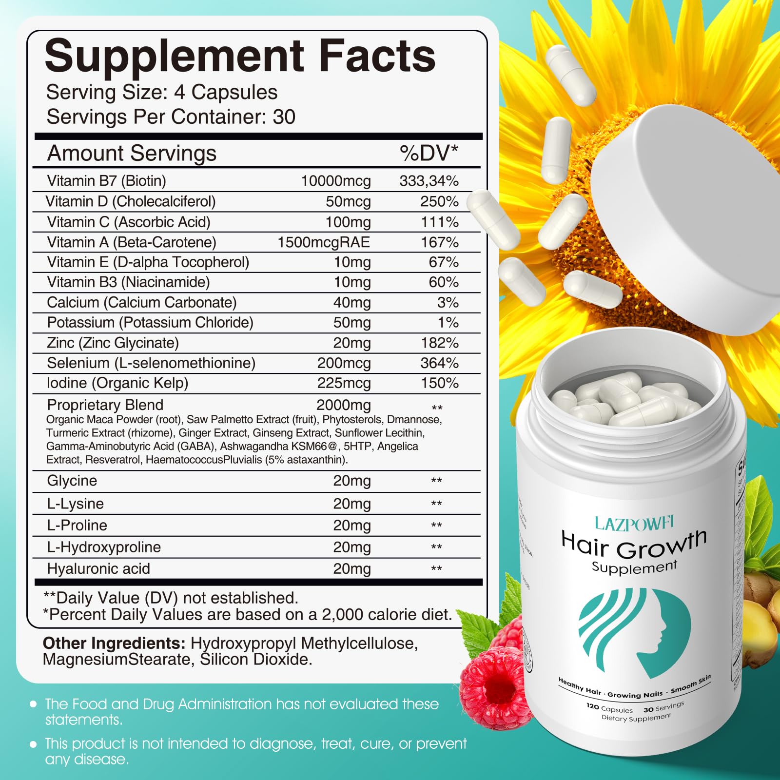 Lazpowfi Hair Growth Products, Biotin 10000mcg, 30-in-1 with Vitamin A, B3, C, D, E, Calcium, Hair Growth Supplement, Supports Hair & Nails Natural Growth Vitamins, for Women & Men - 30 Servings - Medaid International