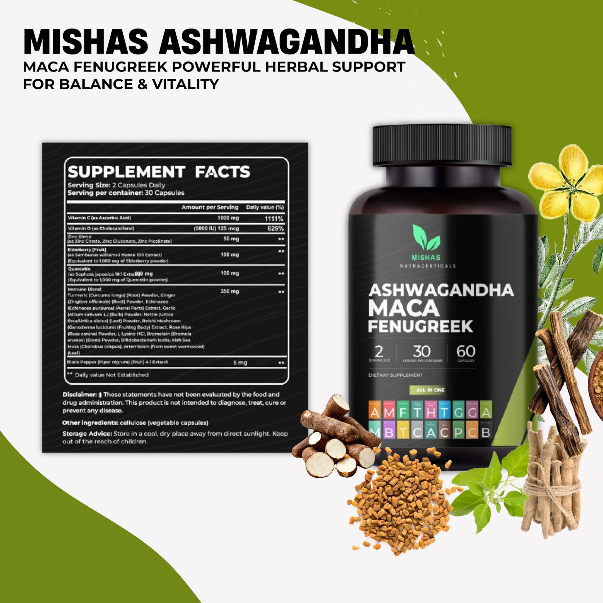 Mishas Nutraceuticals Ashwagandha, Maca Root, Fenugreek Supplement with Ginseng – Supports Stress Relief, Mood Balance & Thyroid Health – 60 Capsules - Medaid International