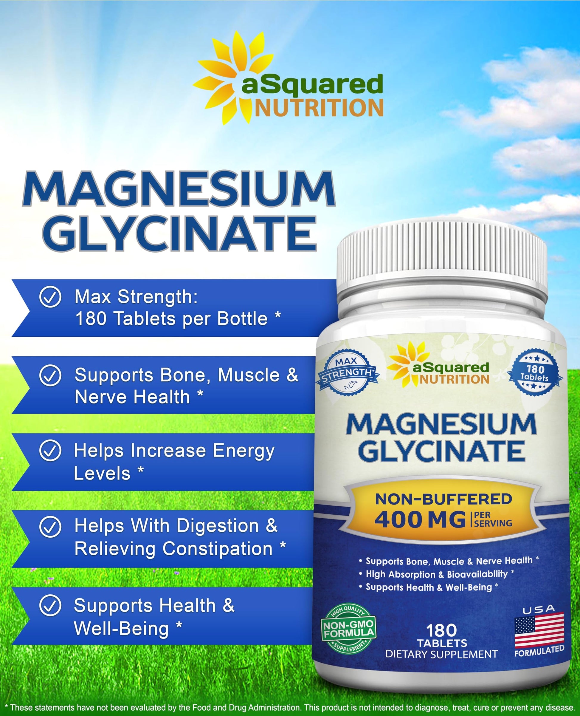 aSquared Nutrition Magnesium Glycinate 400mg - 180 Tablets - Max Strength Magnesium Bisglycinate Supplement -Maximum Bioavailability & Absorption-Non-GMO -Not Buffered-Supports Muscles, Bones & Heart - Medaid International