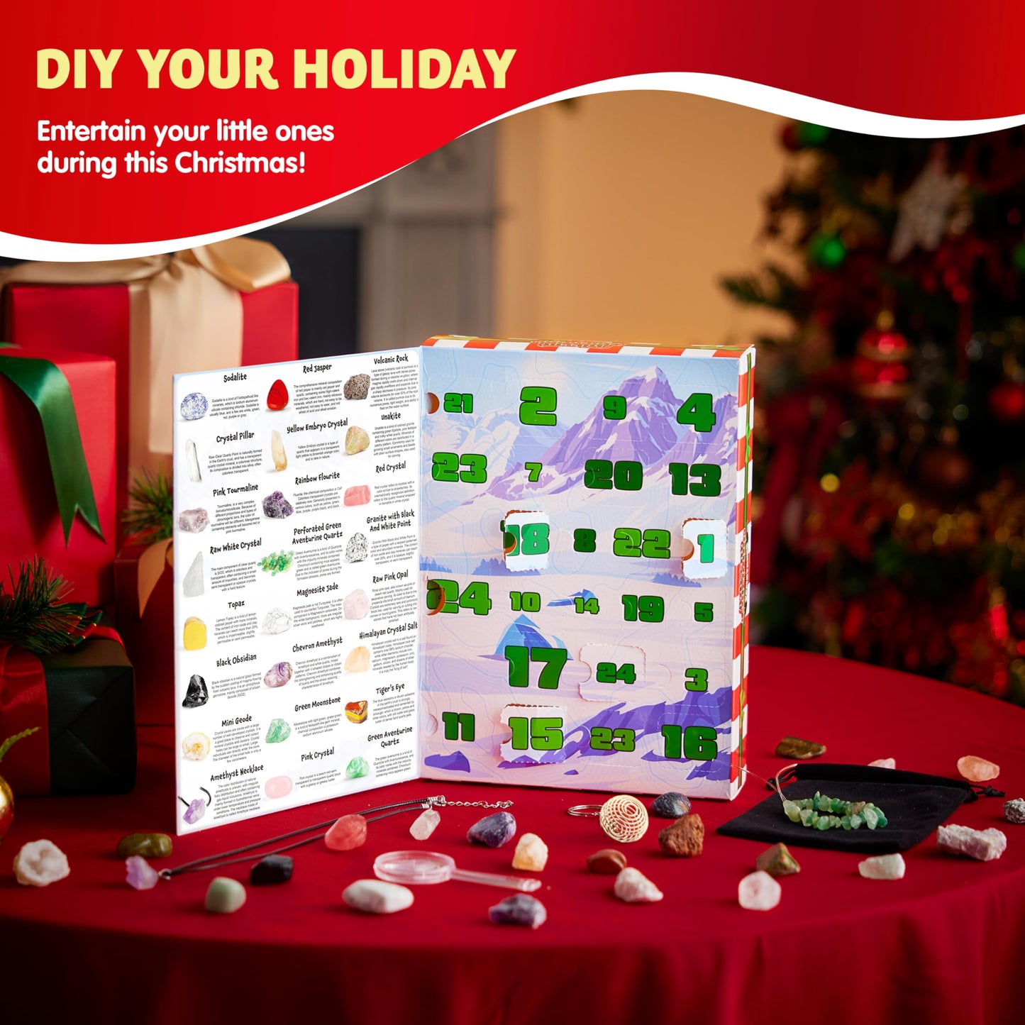 JOYIN 2025 Christmas Advent Calendar Gemstones, 24 Days Christmas Countdown Calendar, Rock Collection Gemstones for Kids, Xmas Party Favors Supplies, Classroom Prizes, Fun Gifts - Medaid International