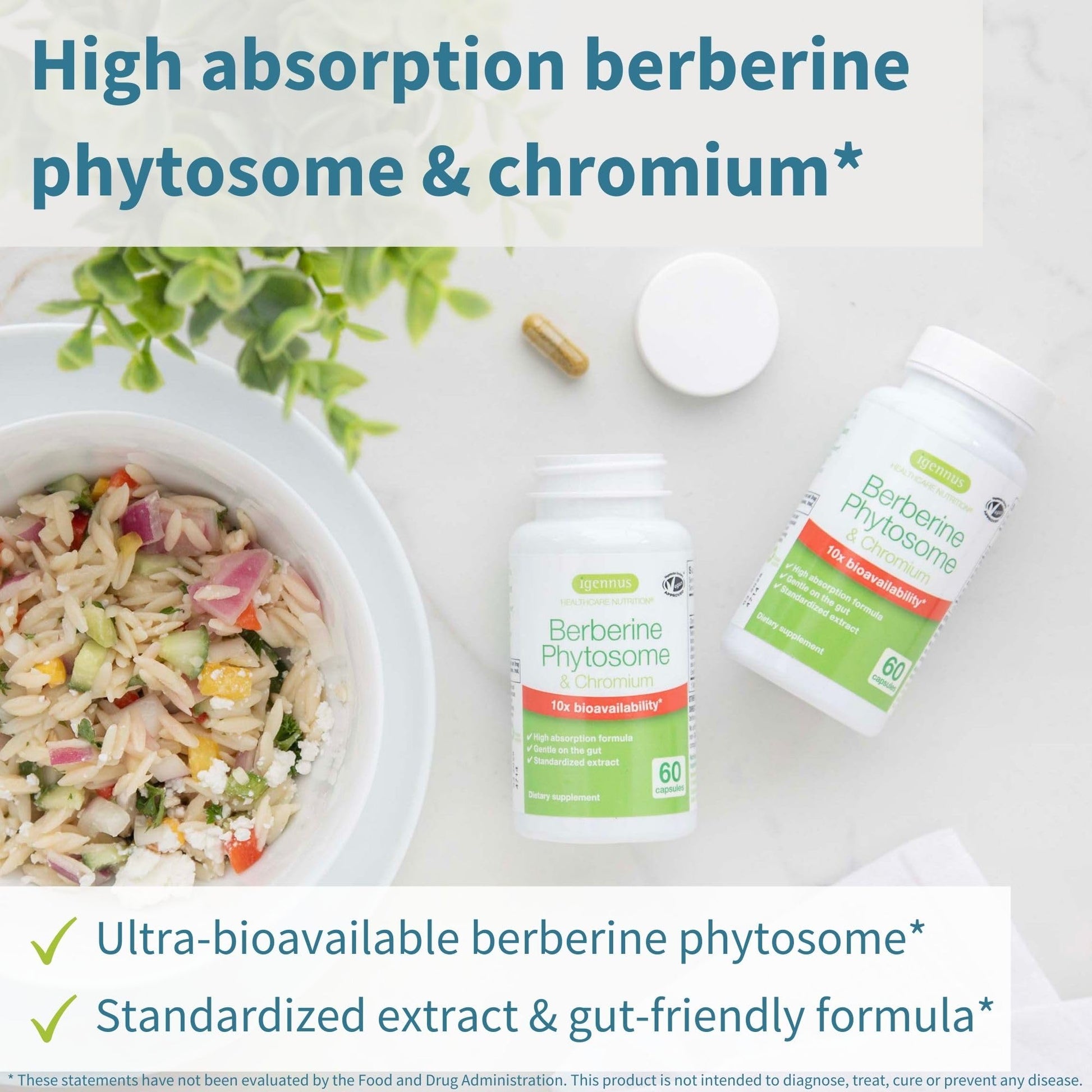 Igennus Dual Action Berberine Phytosome 550mg & Chromium Picolinate, 10x Absorption, Blood Glucose Control, Standardized Berberis Extract Supplement, Clean Label, Vegan, 60 Capsules - Medaid International