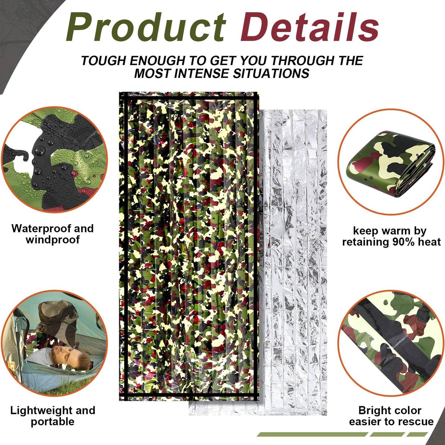 Preboun 10 Pcs Camo Emergency Sleeping Bags Camo Blankets Emergency Shelter Survival Gear Portable Lightweight Thermal Bivy Sack Waterproof for Outdoor Camping Hiking Homeless Shelter