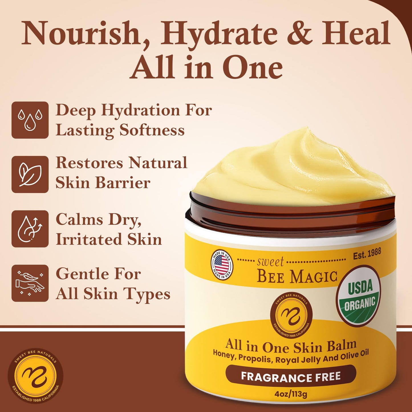 Sweet Bee Magic All In One Healing Organic Balm - Natural Skin Healing Cream, Beeswax Balm for Dry Skin, Face & Body Moisturizer - Certified Organic, All Natural Aid - 1 Jar (4oz) - Medaid International