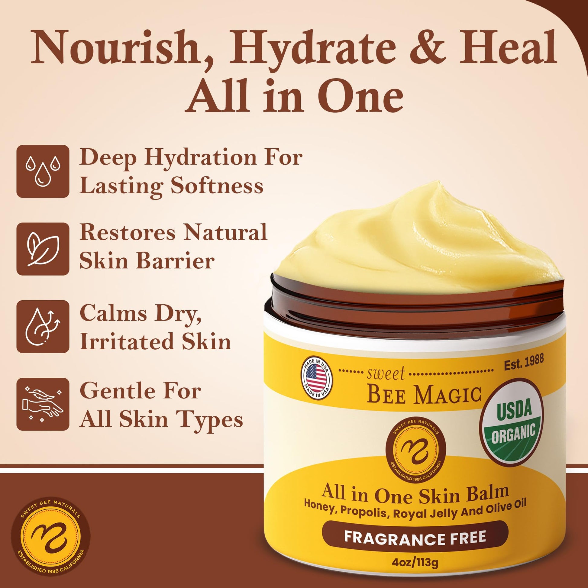 Sweet Bee Magic All In One Healing Organic Balm - Natural Skin Healing Cream, Beeswax Balm for Dry Skin, Face & Body Moisturizer - Certified Organic, All Natural Aid - 1 Jar (4oz) - Medaid International