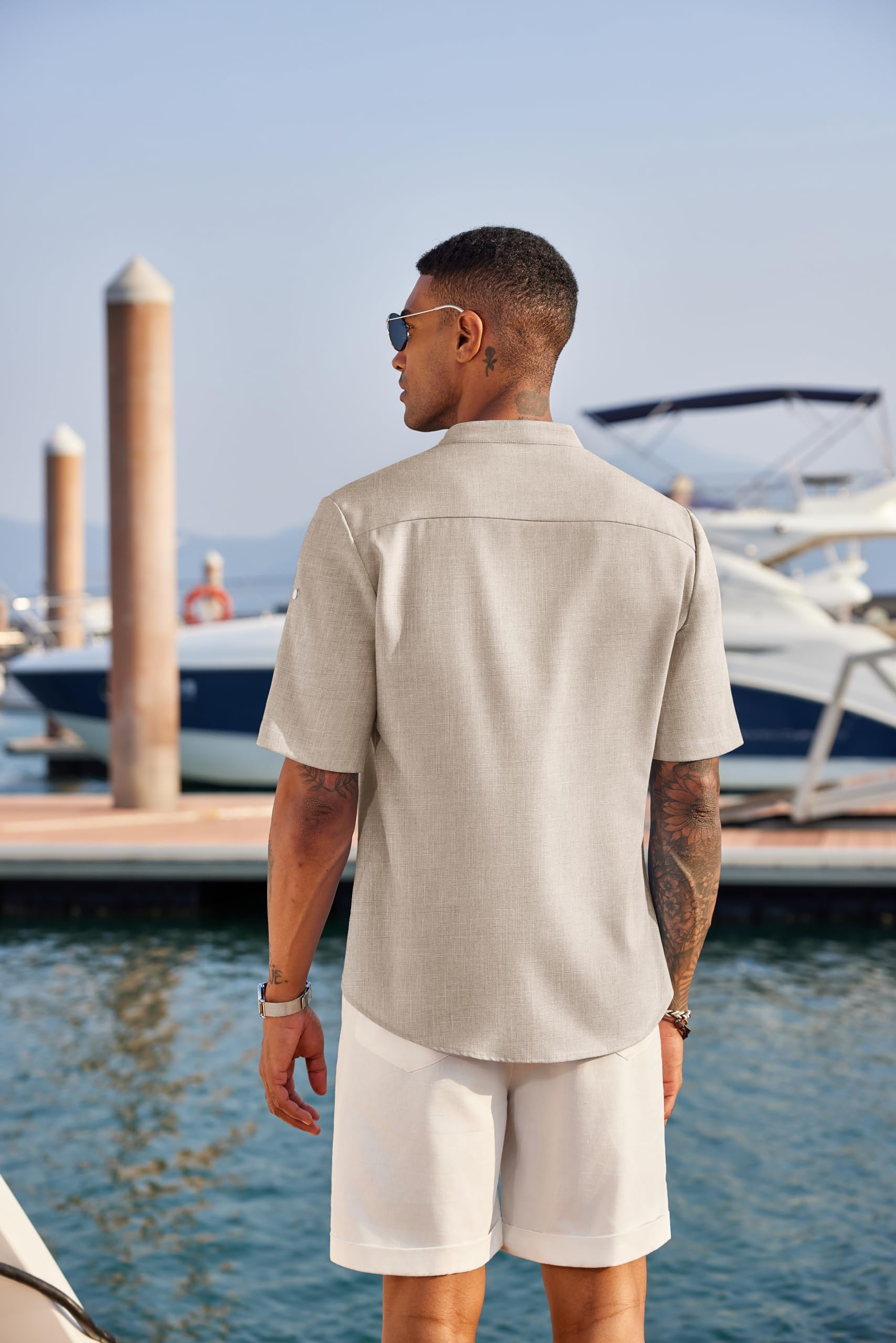 COOFANDY Men's Cotton Linen Henley Shirt Short Sleeve Hippie Casual Band Collar Summer Beach T-Shirts Khaki - Medaid International