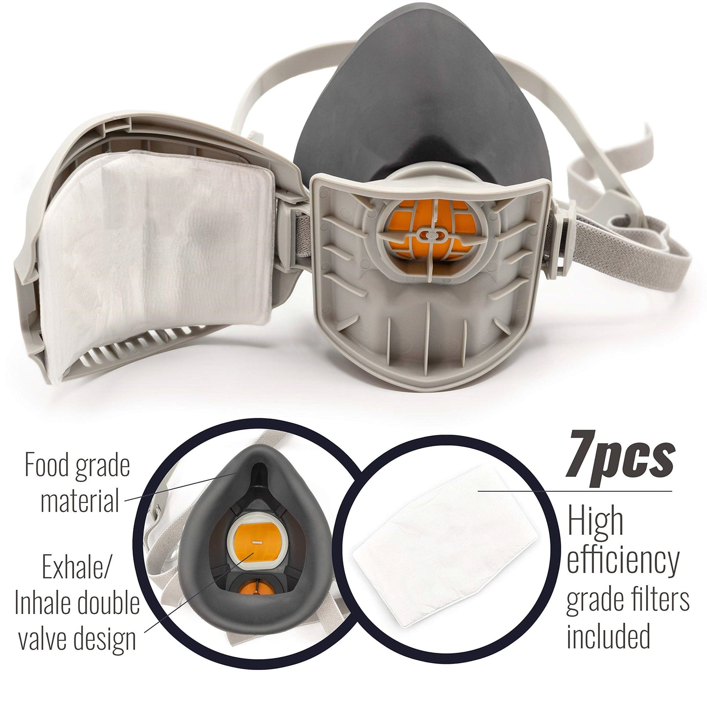 One Piece Reusable Breathing Mask with 7 Filters - Half Face Mask for Breathing Protection in Woodworking, Welding, Polishing, Drawing and Work Protection - Features a convenient quick-removable mask and dual filtration system