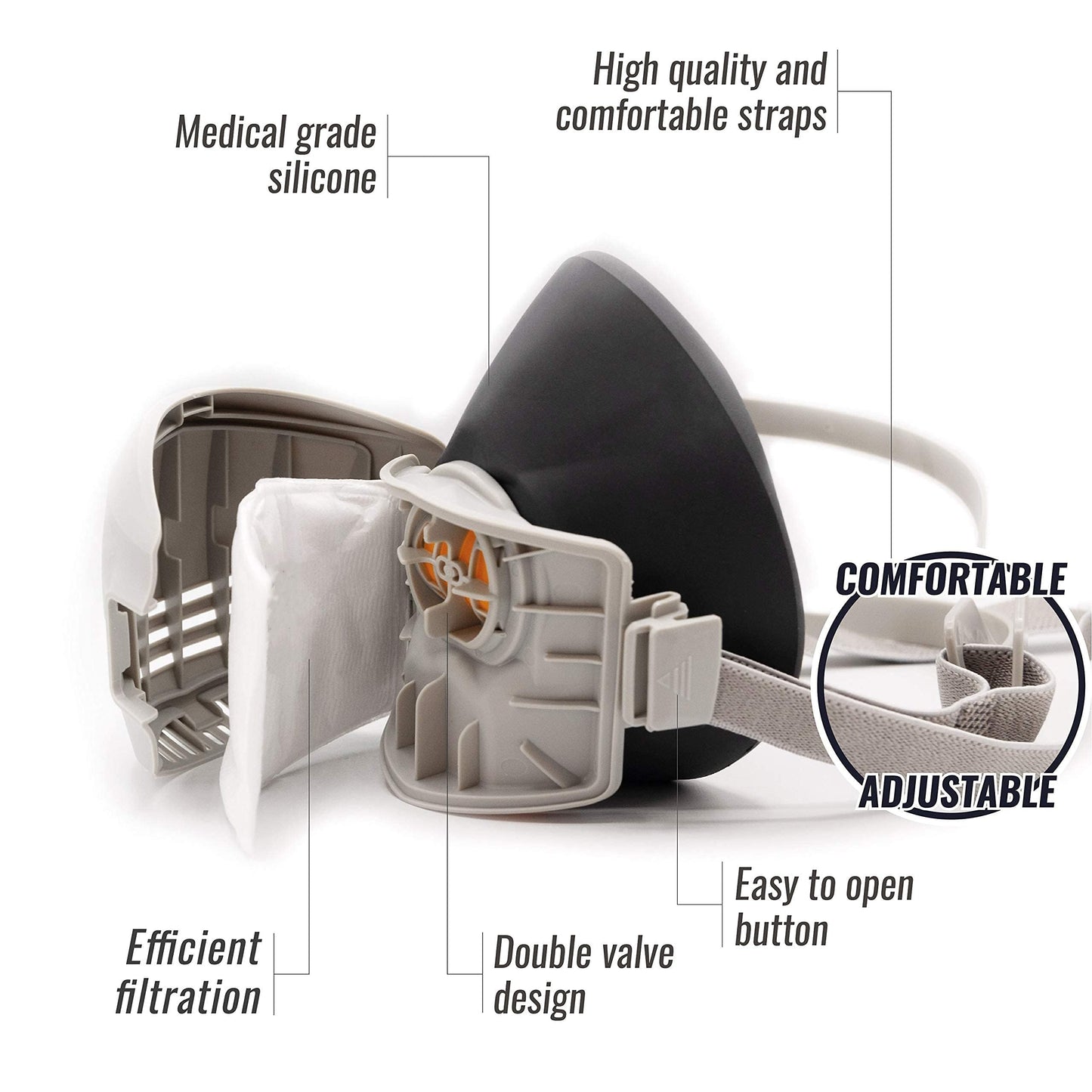 One Piece Reusable Breathing Mask with 7 Filters - Half Face Mask for Breathing Protection in Woodworking, Welding, Polishing, Drawing and Work Protection - Features a convenient quick-removable mask and dual filtration system