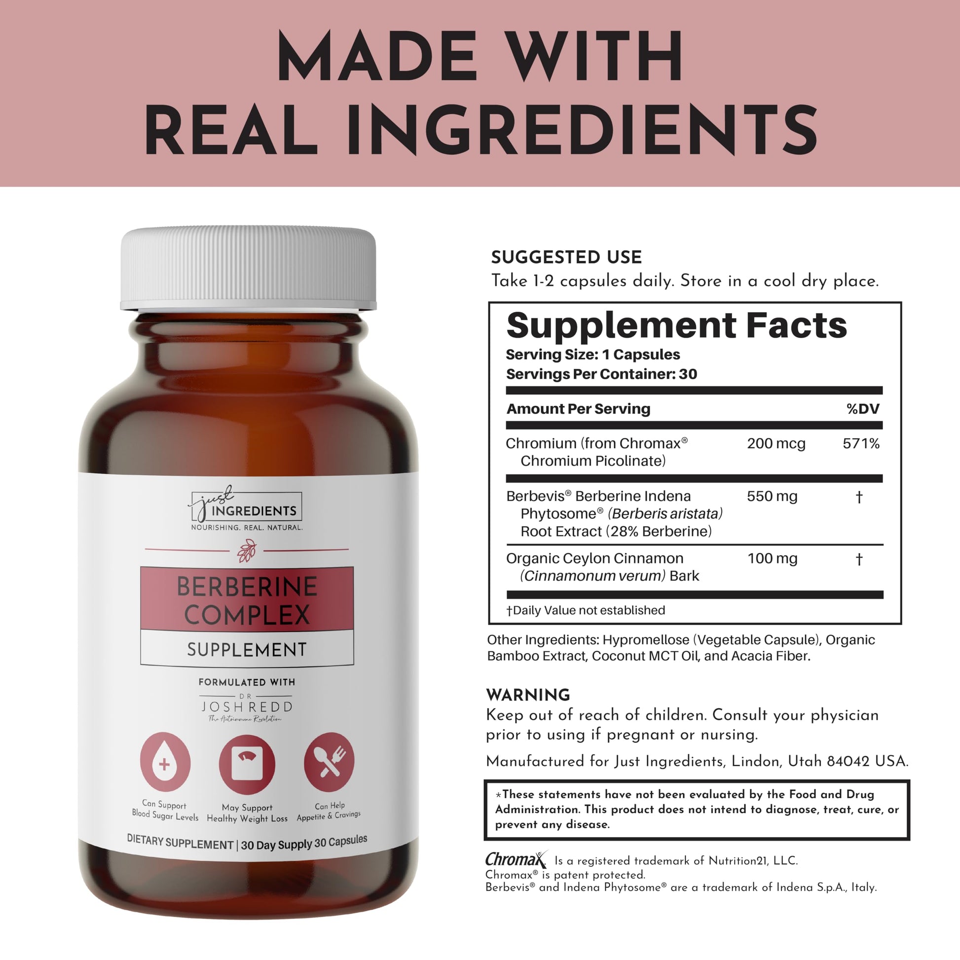 JUST INGREDIENTS Berberine Supplement – 30-Capsule Herbal Support Formula with Organic Berberis Aristata – Traditionally Used for Metabolic Health, Cellular Function & Overall Wellness. - Medaid International