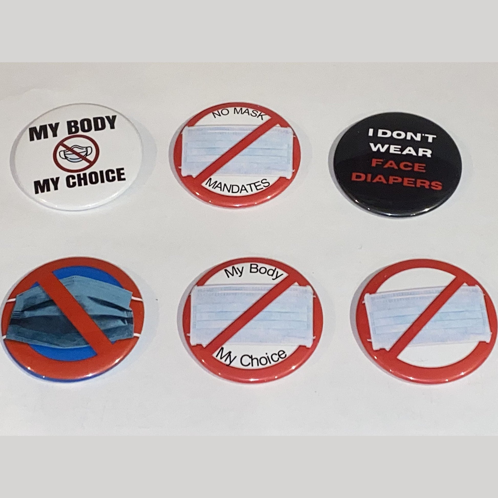 No Mask Mandates - Anti-mask buttons - Collection of 6 pins (2.25 inches) - Medaid International