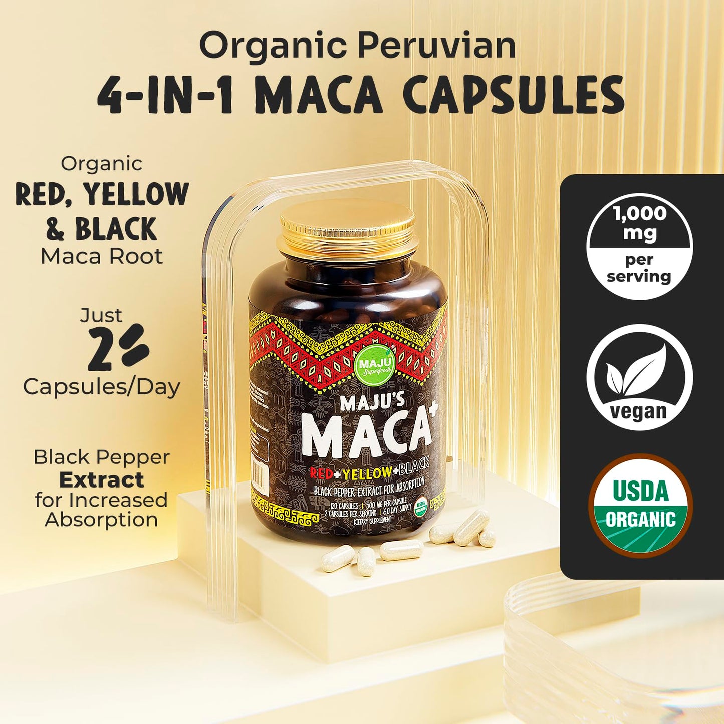 Maju Superfoods 4-in-1 Maca Root Capsules, Organic Black, Yellow & Red Roots w Black Pepper Extract for Absorption (120 ct) | Peru Product, Peruvian Powder, Men & Women Supplement, 60,000 mg - Medaid International