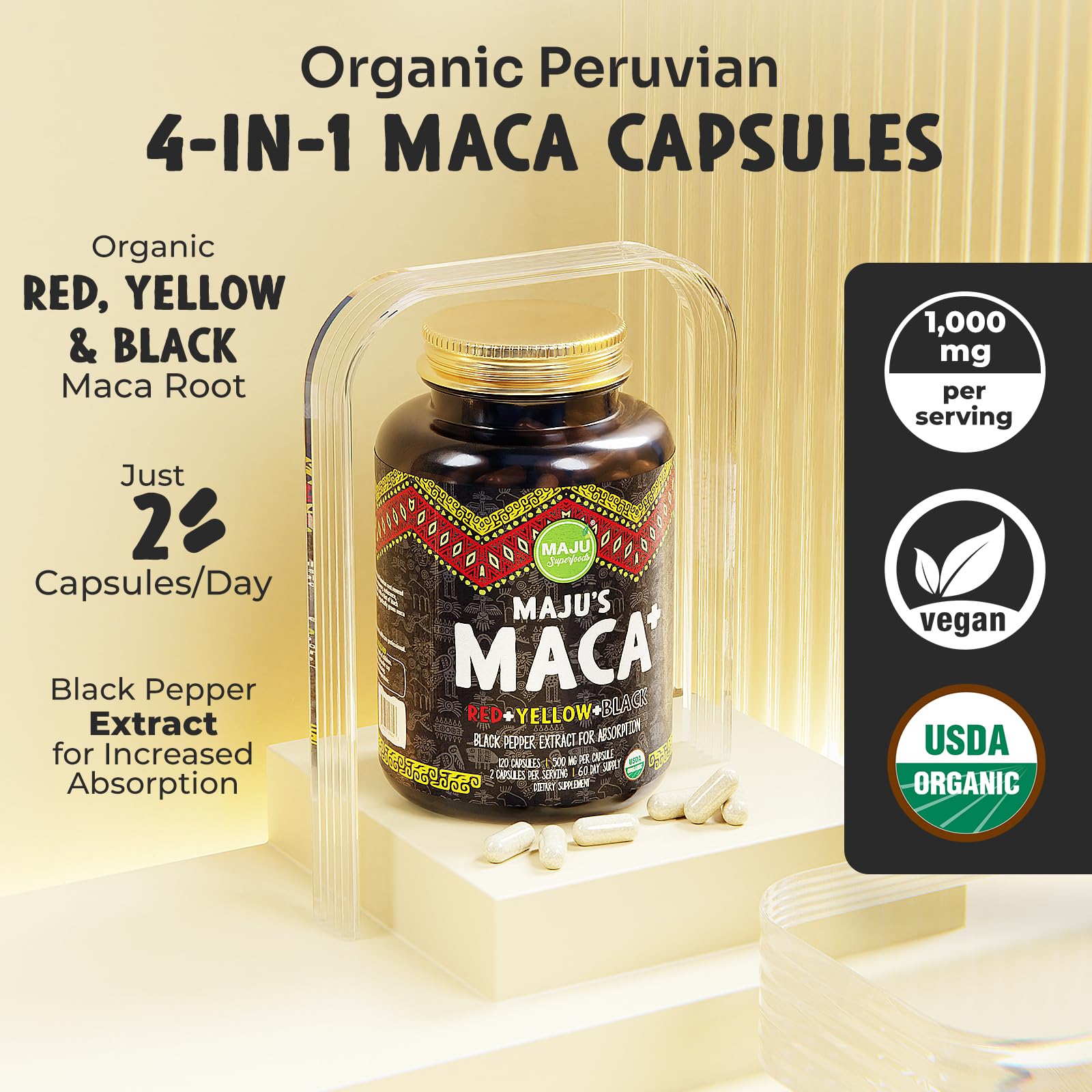 Maju Superfoods 4-in-1 Maca Root Capsules, Organic Black, Yellow & Red Roots w Black Pepper Extract for Absorption (120 ct) | Peru Product, Peruvian Powder, Men & Women Supplement, 60,000 mg - Medaid International