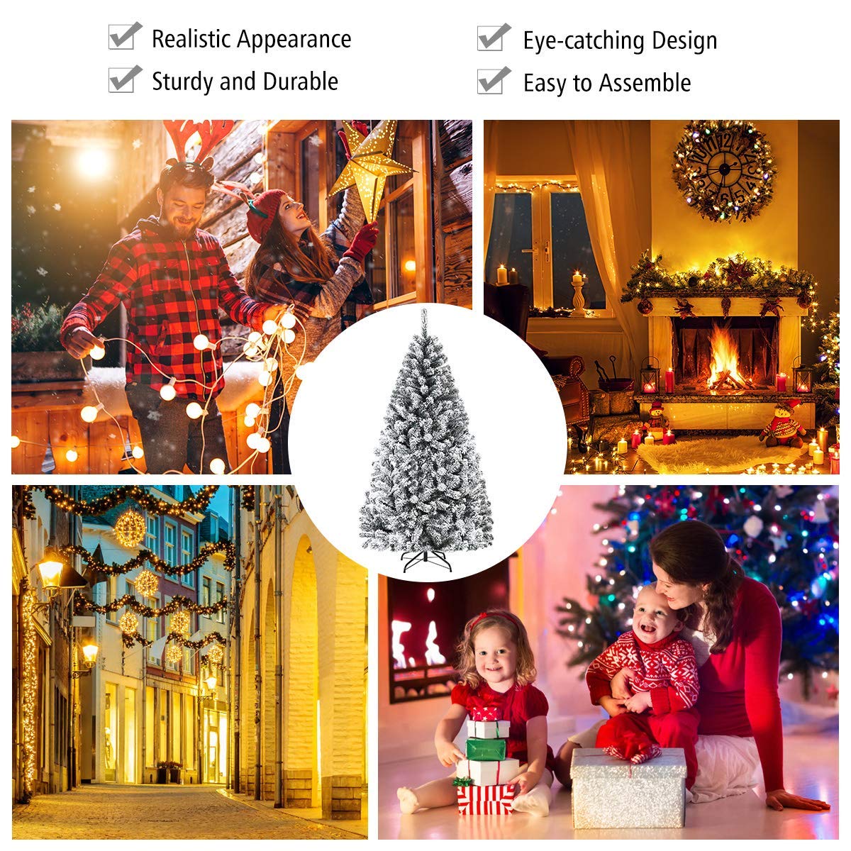 Artificial Christmas, Premium PVC Xmas Full, Flocked Snow Pine Tree with Solid Metal Stand, Ideal for Indoor and Outdoor (6FT), White, Christmas Tree - Medaid International