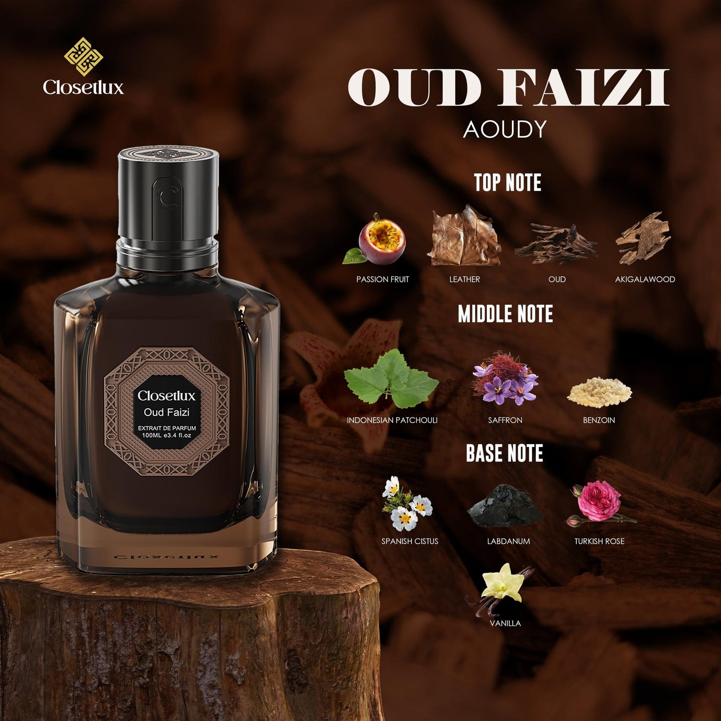 CLOSETLUX Oud Faizi Extrait de Parfum – Luxurious Aoudy Fragrance – Deep, Long-Lasting Scent with Leather, Oud & Vanilla – 100ml - Medaid International