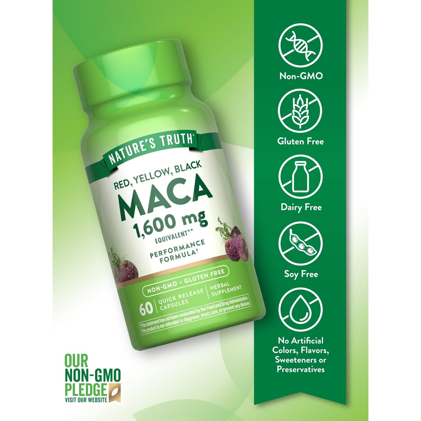 Nature's Truth Maca Root 1600 mg | 60 Quick Release Capsules | Red, Yellow, and Black | Performance Formula | Non-GMO & Gluten Free Supplement - Medaid International