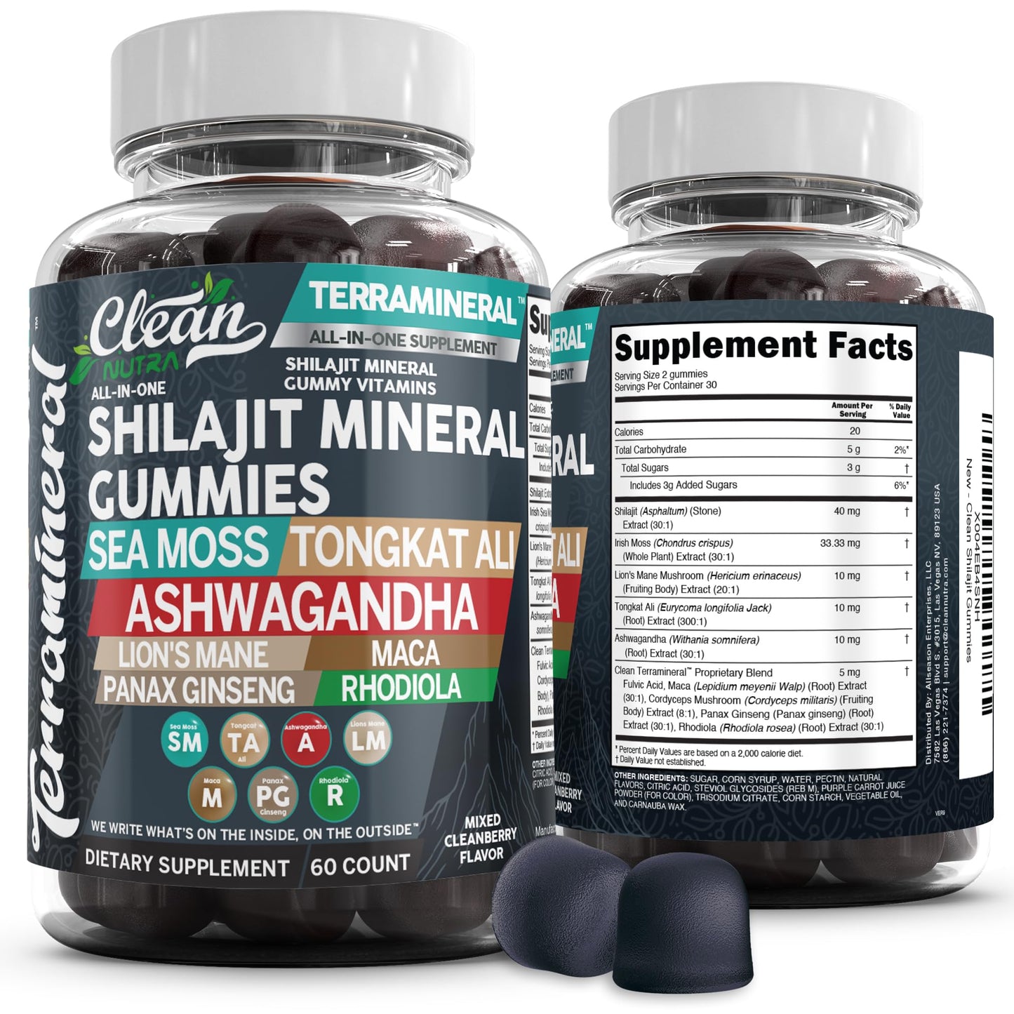 Terramineral Shilajit Gummies with Irish Sea Moss Tongkat Ali Ashwagandha Lion's Mane MACA Panax Ginseng Rhodiola & Cordyceps by Clean Nutra (1) - Medaid International