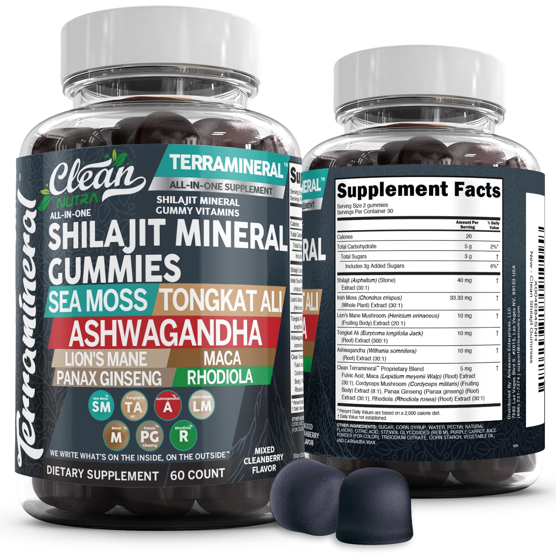 Terramineral Shilajit Gummies with Irish Sea Moss Tongkat Ali Ashwagandha Lion's Mane MACA Panax Ginseng Rhodiola & Cordyceps by Clean Nutra (1) - Medaid International