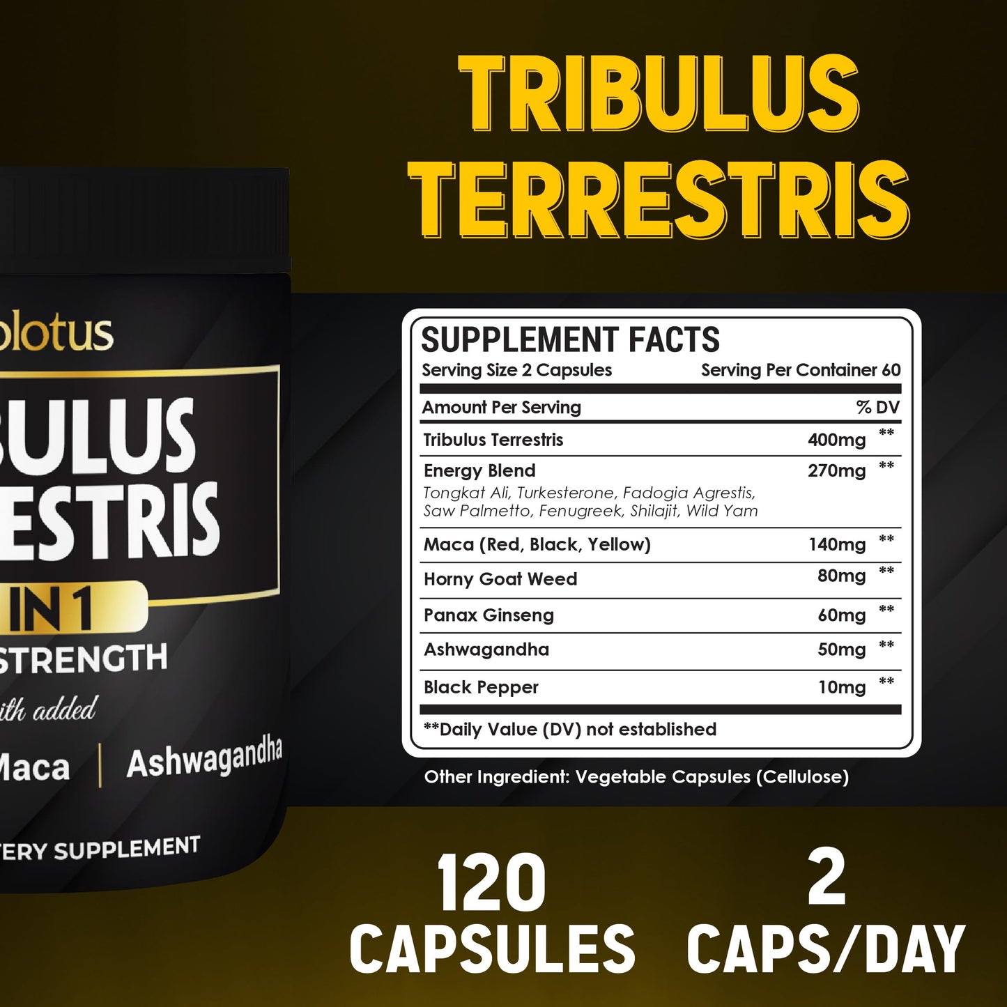 Zolotus 13in1 Tribulus Terrestris Capsules with Maca, Horny Goat Weed, Panax Ginseng, Saw Palmetto, Tongkat Ali, Shilajit & More - Energy, Stamina Supplement for Men & Women - 120 Counts - Medaid International