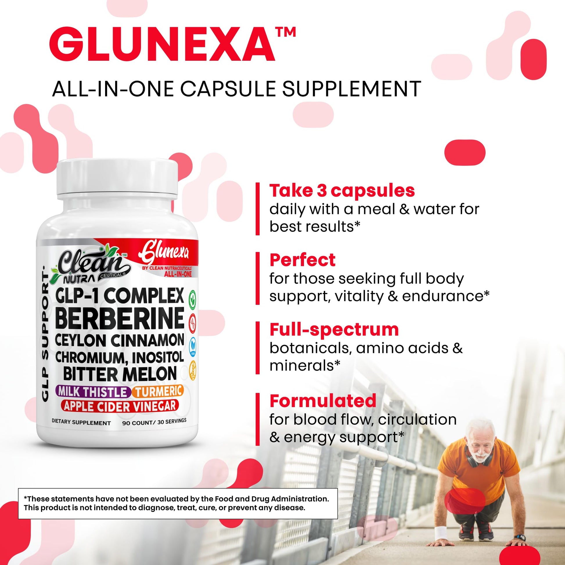 Clean Nutra Glunexa GLP-1 Complex with Berberine, Ceylon Cinnamon, Chromium, Inositol, and Bitter Melon | Premium Herbal and Mineral Blend | 90 Count Capsules - Medaid International