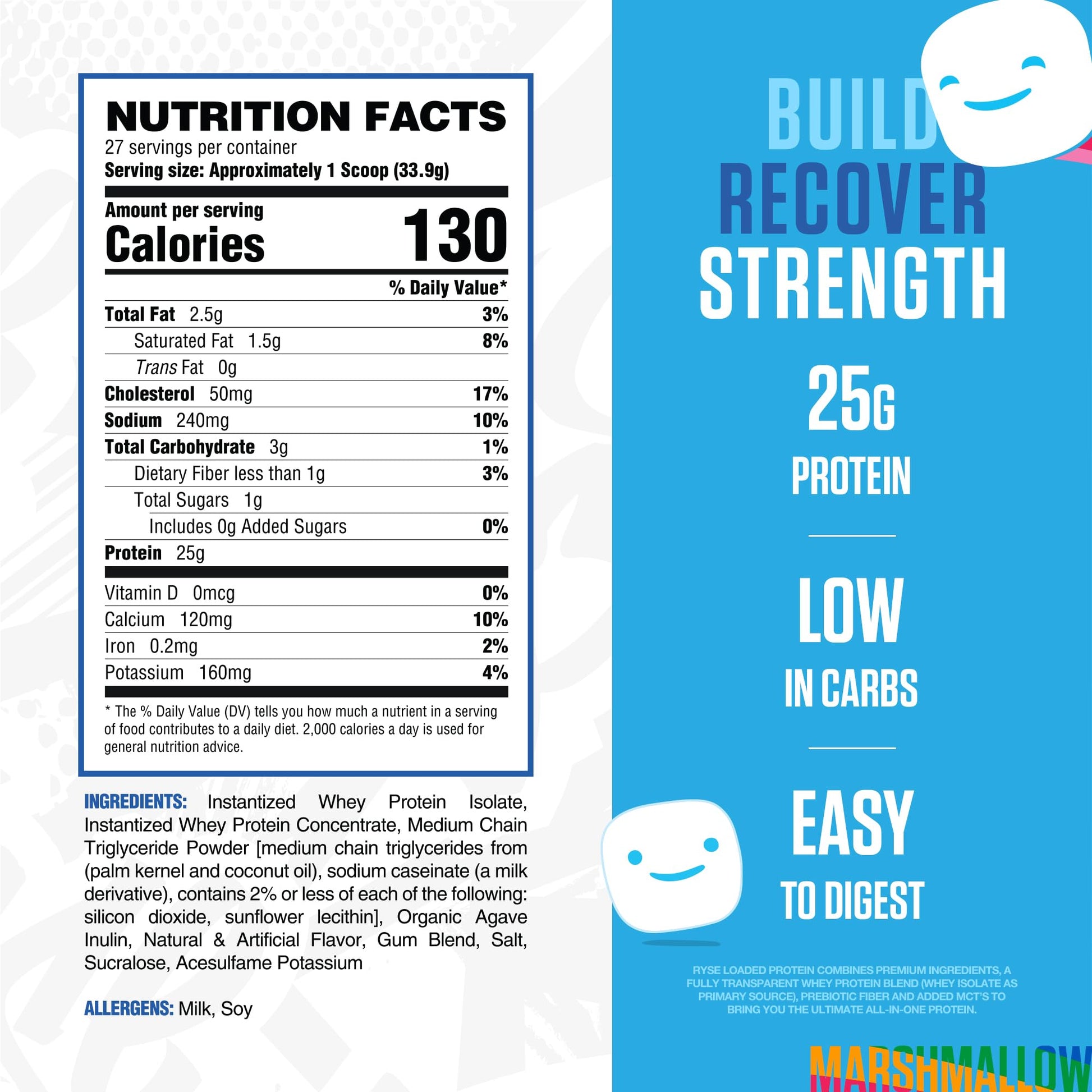 RYSE Loaded Protein Powder - Jet-Puffed Marshmallow - 25g Whey Protein Isolate & Concentrate with Prebiotic Fiber & MCTs - Low Carb, Low Sugar, Digestive-Friendly - 27 Servings / 2 lb Tub - Medaid International