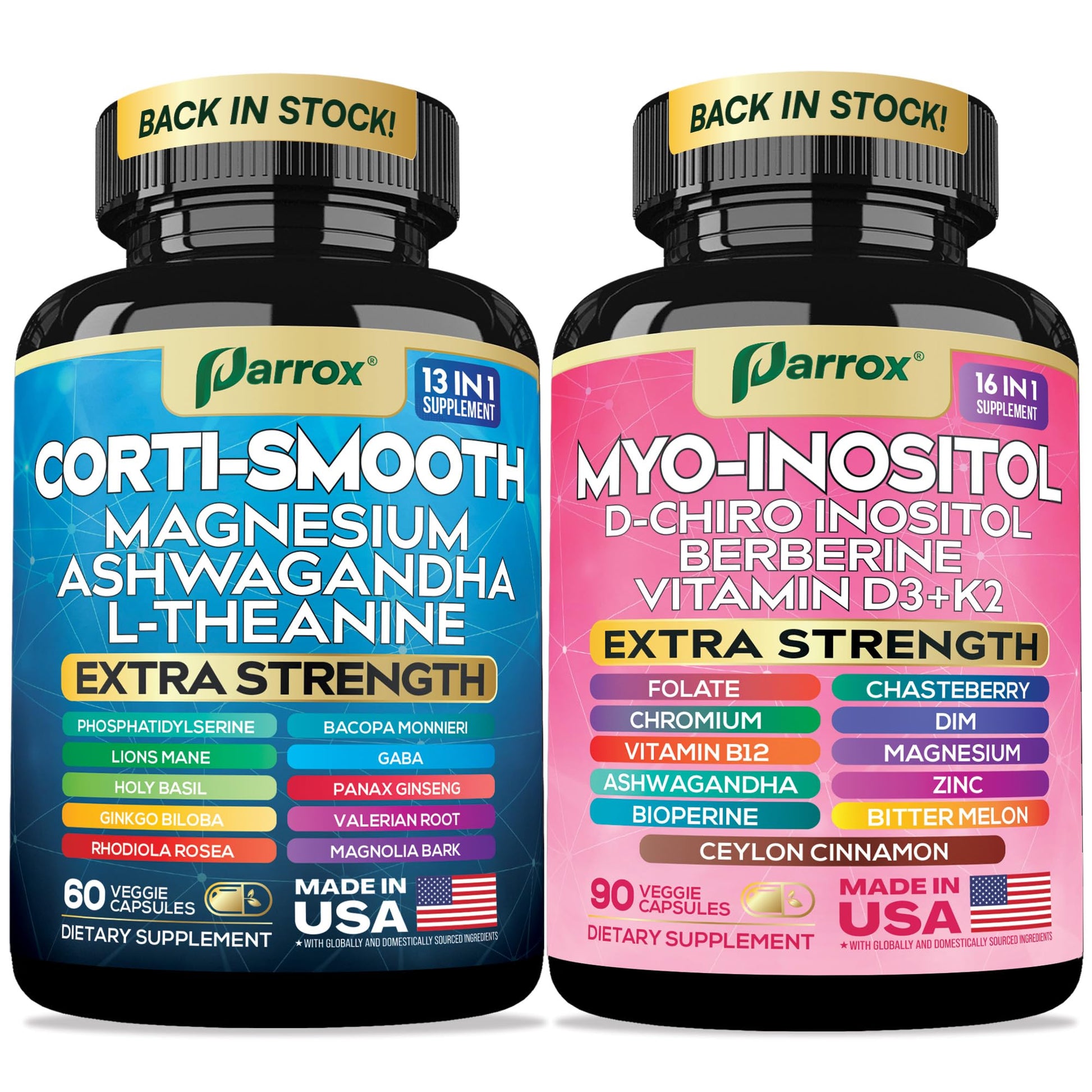 Parrox Cortisol & Myo-Inositol Supplement Bundle, Soothe & Smooth Bundle, 13-in-1 Cortisol Balance, Magnesium, Ashwagandha, L-Theanine, D-Chiro Inositol, Folate, Berberine, Chasteberry (150 Capsules) - Medaid International