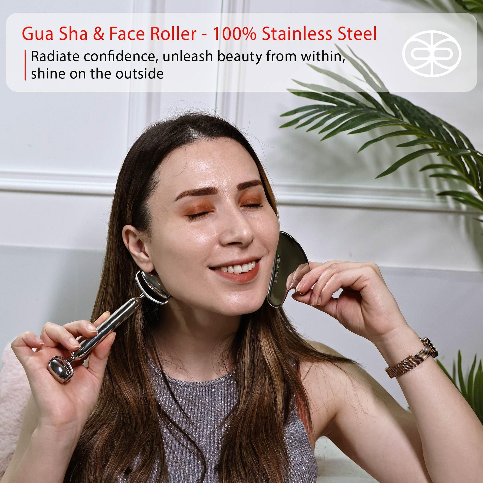 Rena Chris Gua Sha and Face Roller Set: Anti-Breakage Stainless Steel Roller for Long-Lasting Use, Jawline Sculpting and Puffiness Reducing, Gua Sha Facial Tools for Self Care Gift (Silver) - Medaid International
