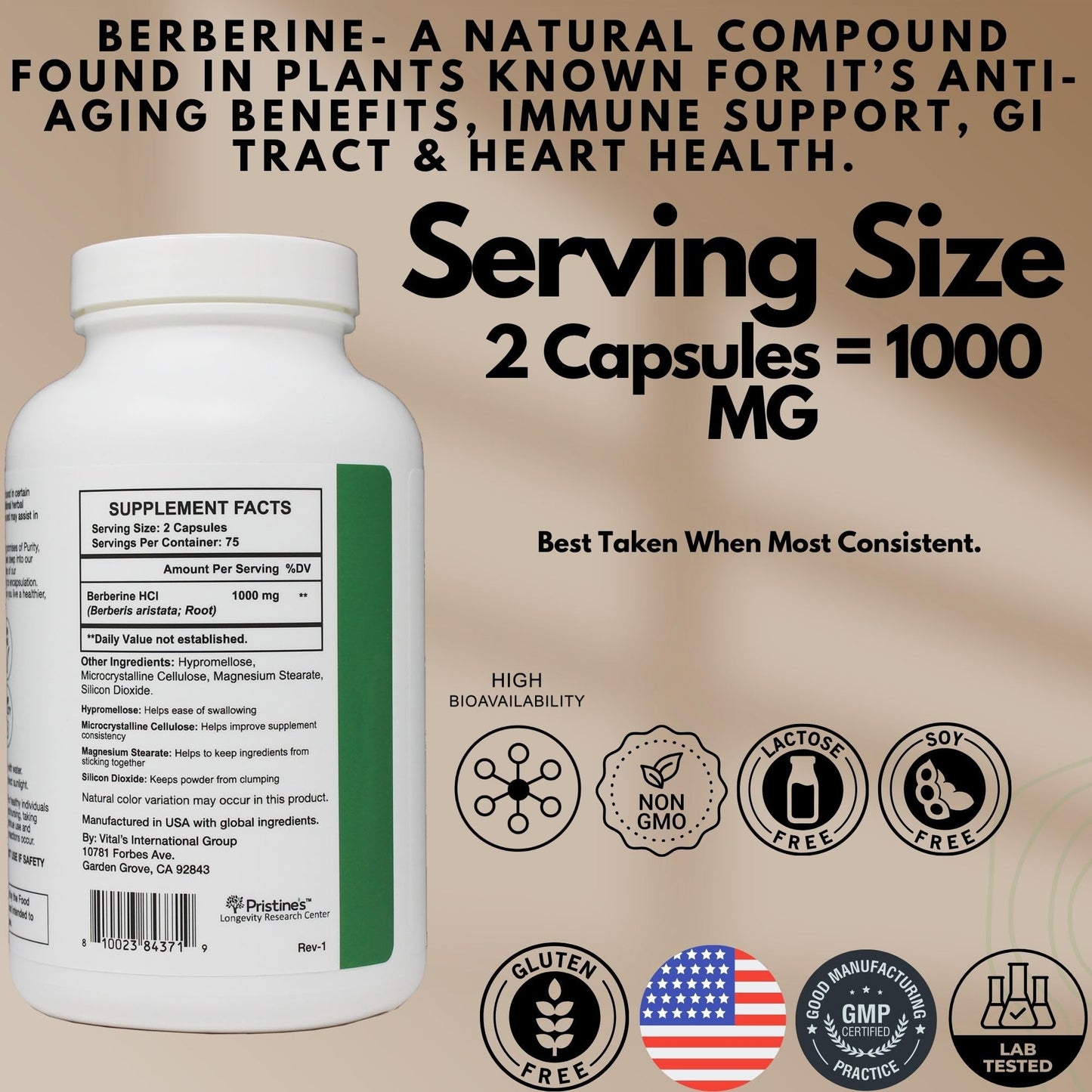 PRISTINE'S Berberine Supplement Capsules - 1000 MG 75 Day Supply 150 Capsules - Heart, & Immunity Health Support Antioxidant - Digestive Tract & Healthy Gut Flora Support - Medaid International