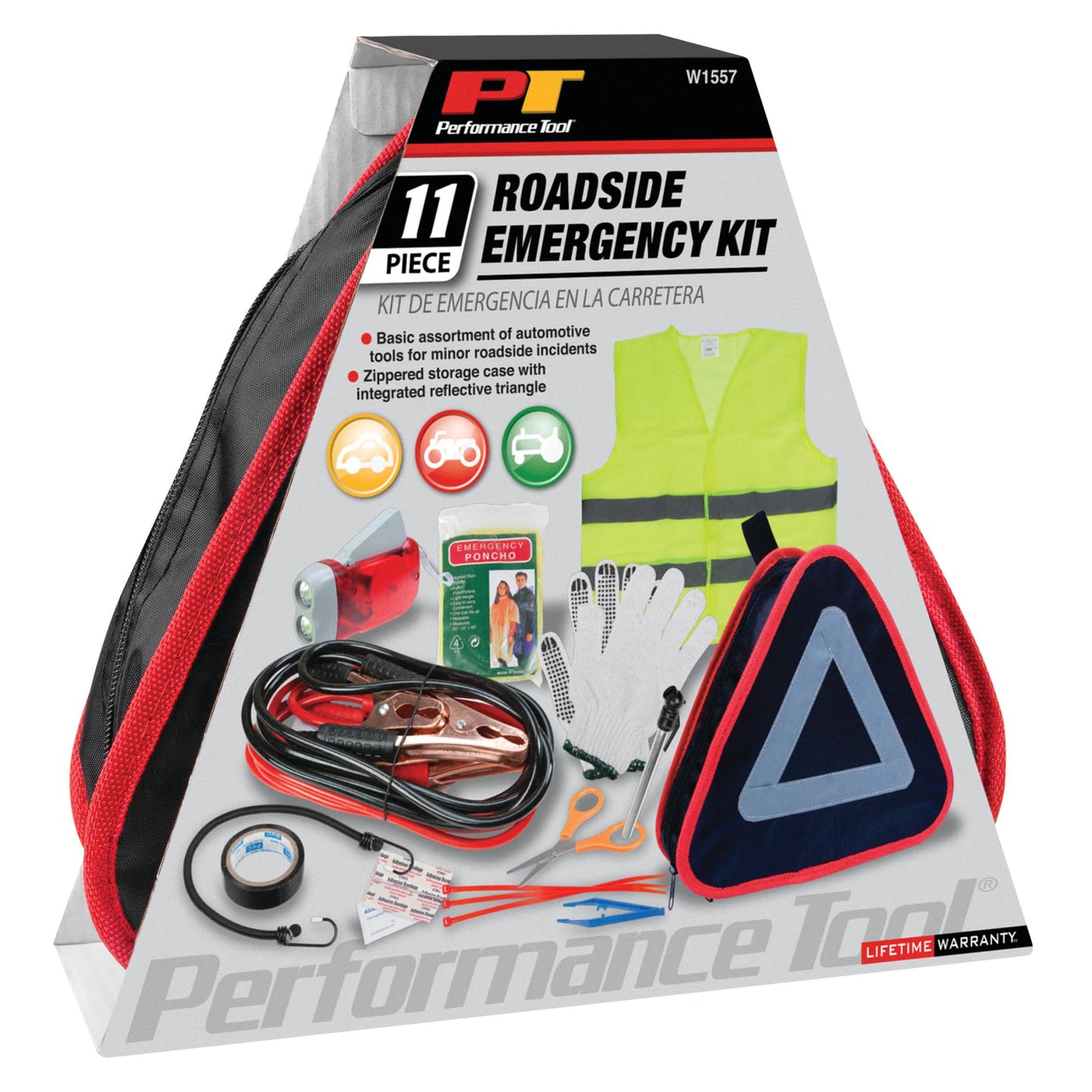 Performance Tool W1557 Roadside Assistance Kit with Jumper Cables, Reflective Triangle, Flashlight, Safety Vest, and More, in Zippered Storage Case