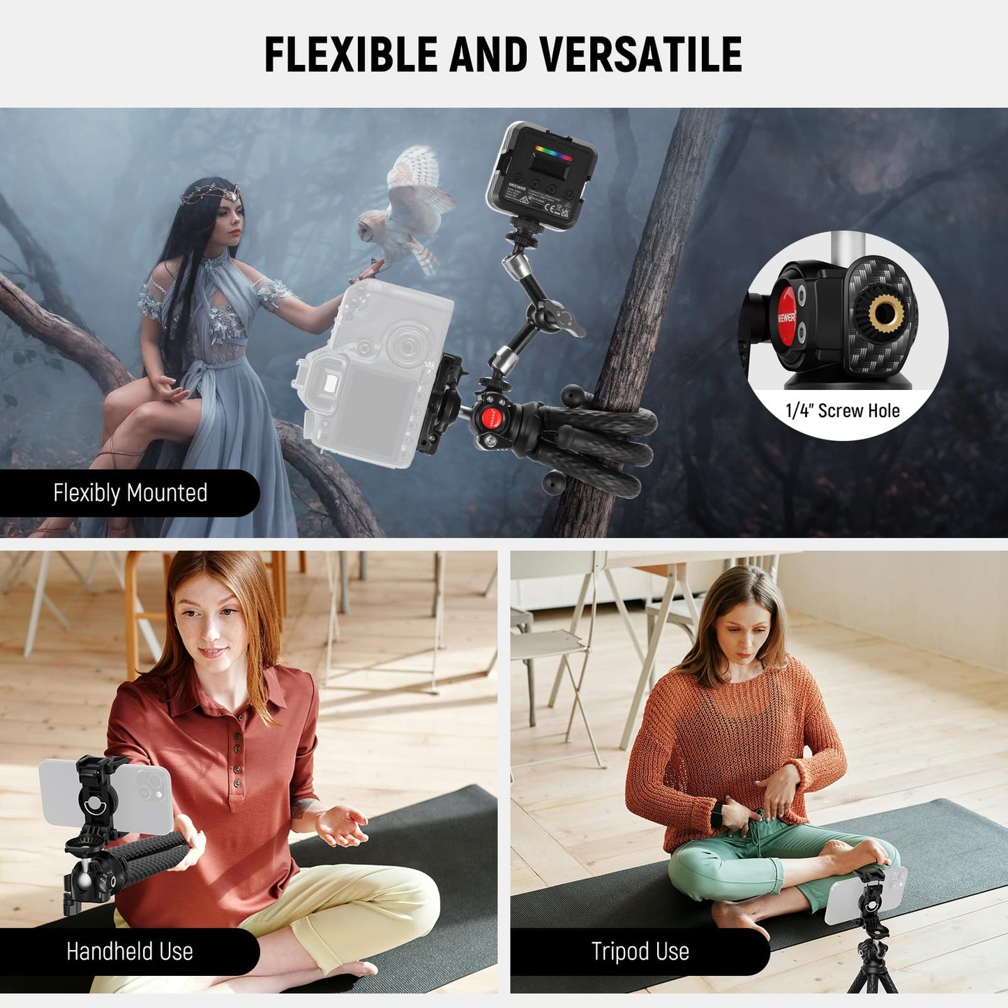 NEEWER Camera Tripod with Remote, Mini Flexible Vlog Phone Tripod Stand with Action Camera Mount Adapter, Hidden Phone Holder & Cold Shoe Compatible with iPhone Hero13 12 11 10 9, Max Load 4.4lb, TP34 - Medaid International