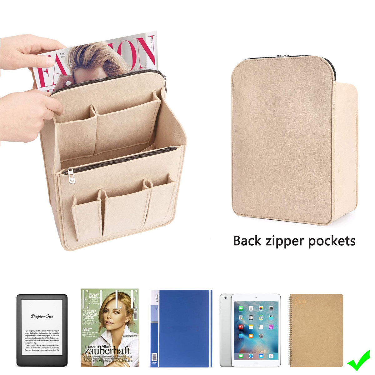 Kastwave Large Capacity Felt Bag Mid-Pack Travel Backpack Liner Storage Accessories