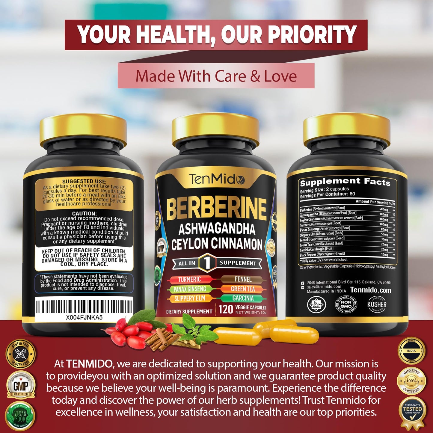 Tenmido Berberine Supplement - 10in1 Formula with Ashwagandha, Ceylon Cinnamon, Turmeric, Panax Ginseng, Slippery Elm, Fennel, Green Tea, & More - Immune, Digestive Support - 120 Caps - Medaid International
