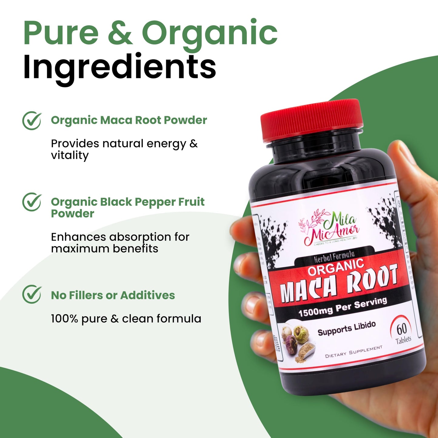 Mila Miamor Organic Maca Root Extract 1500 mg, Peak Performance for Men & Women, Sustained Energy & Hormone Support with Black Pepper, Non-GMO, 60 Tablets, US-Made - Medaid International