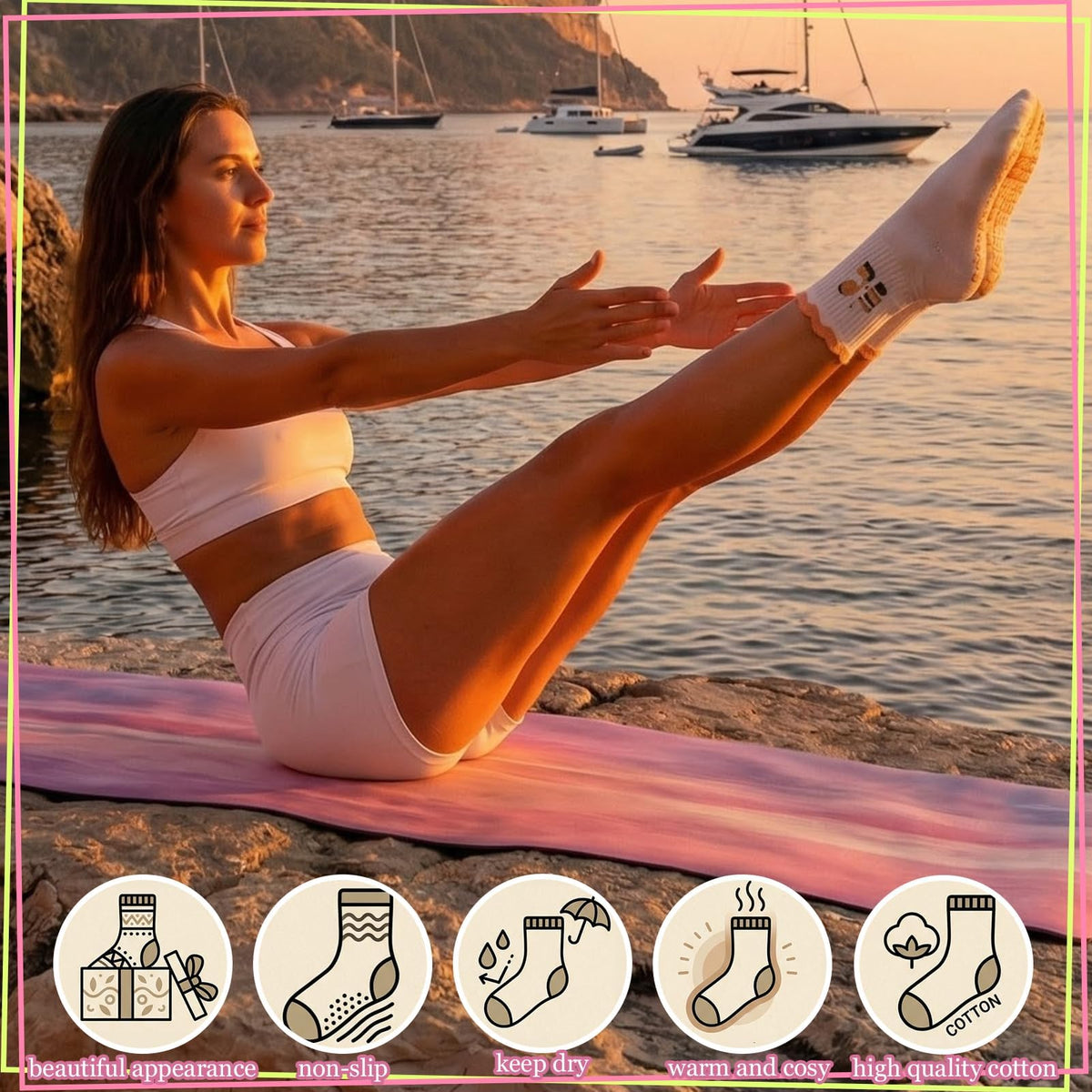 2 Pairs Non Slip Yoga Pilates Grip Socks for Women, Cute Ruffle Anti Slip Cotton Socks, Embroidered Design for Home Gym Barre Dance Ballet Hospital