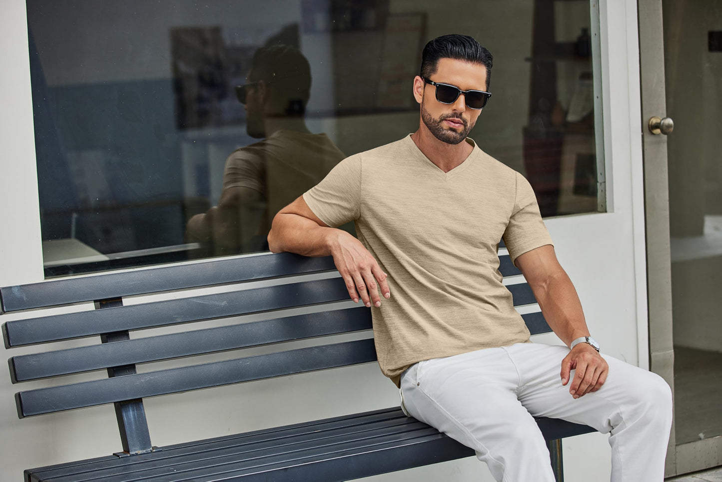 COOFANDY Men's T Shirts Short Sleeve Classic V Neck T-Shirt Casual Summer Basic Tee Shirt Khaki - Medaid International
